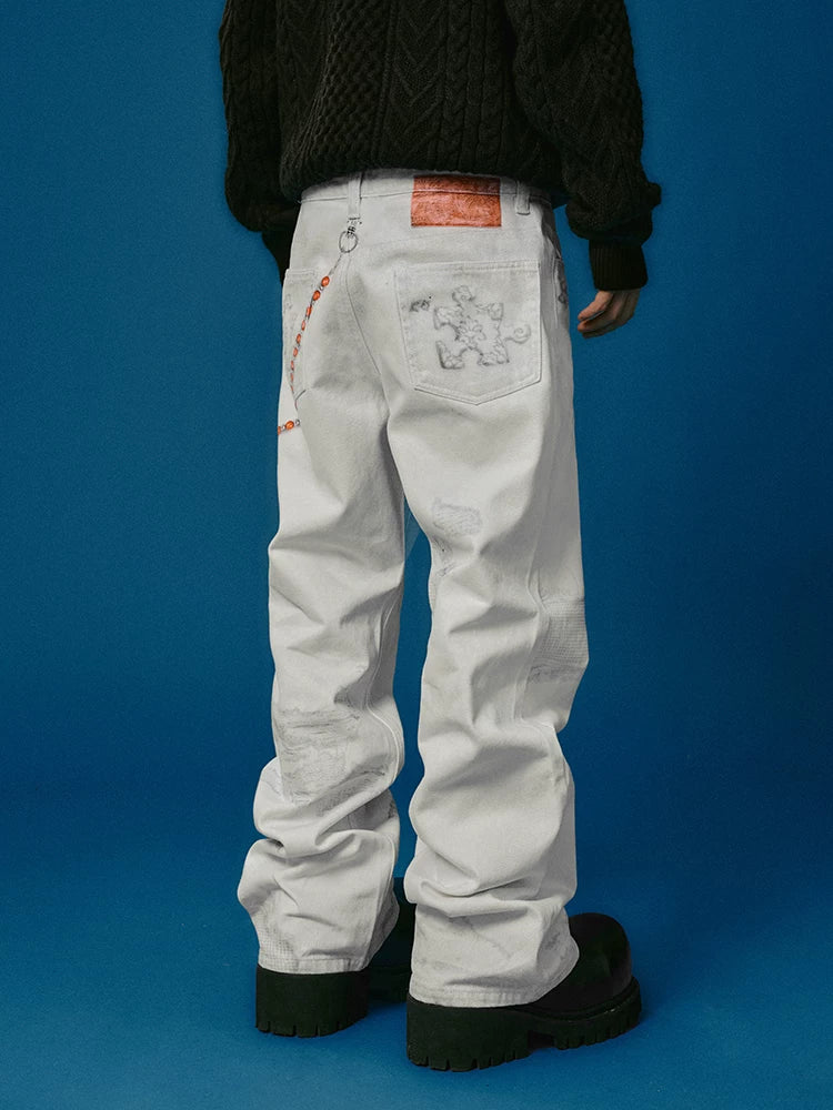 Chain Print Distressed Wide Leg Jeans