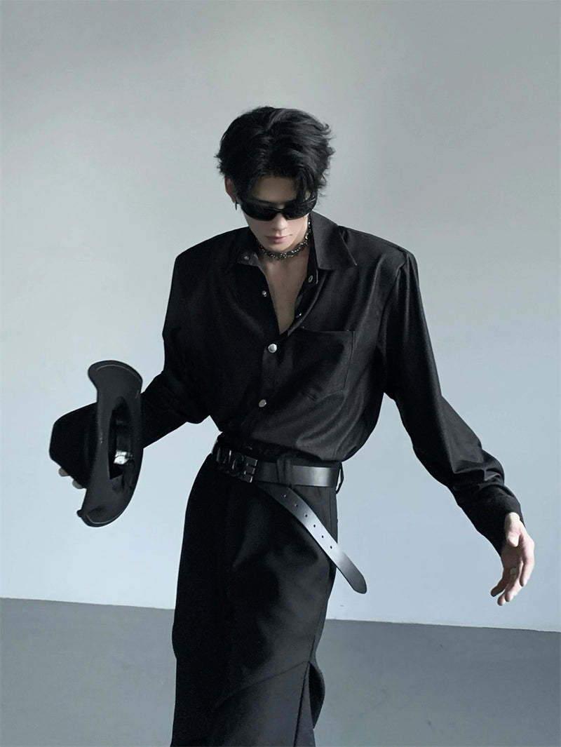 Structured Black Button-Up Shirt with Wide Shoulders