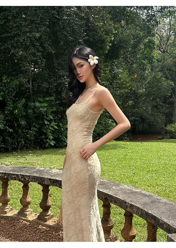 Beige Lace Mermaid Maxi Dress