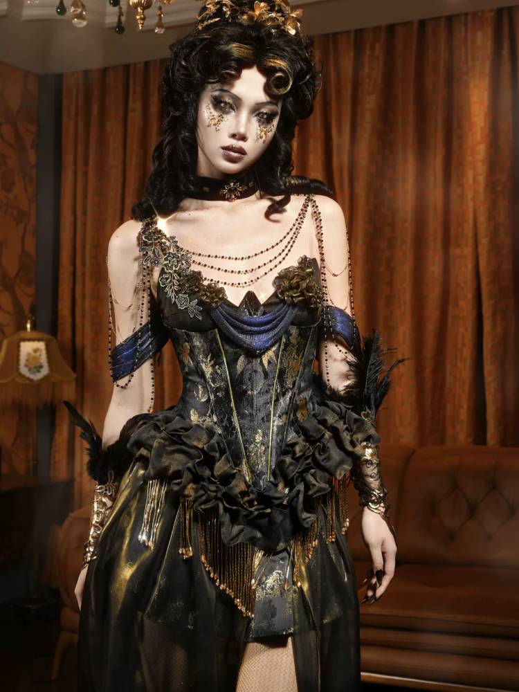 Victorian Steampunk Corset Dress - Gold Satin Gothic Ball Gown