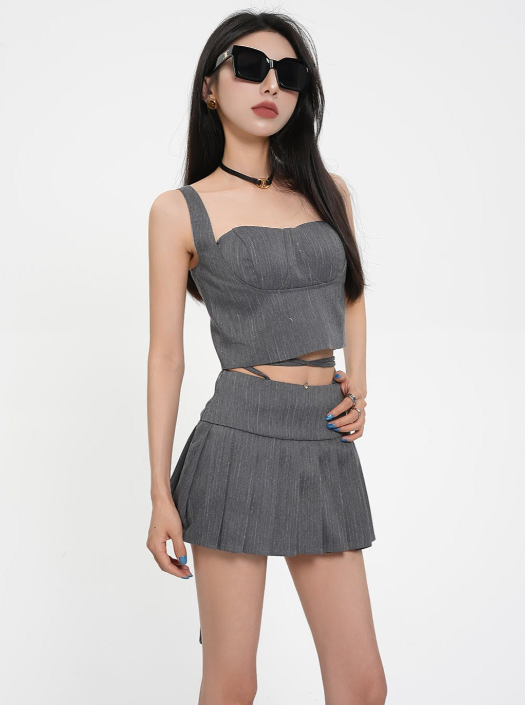 Sleek Satin Bustier Crop Top - Charcoal Gray Strapless Corset Blouse