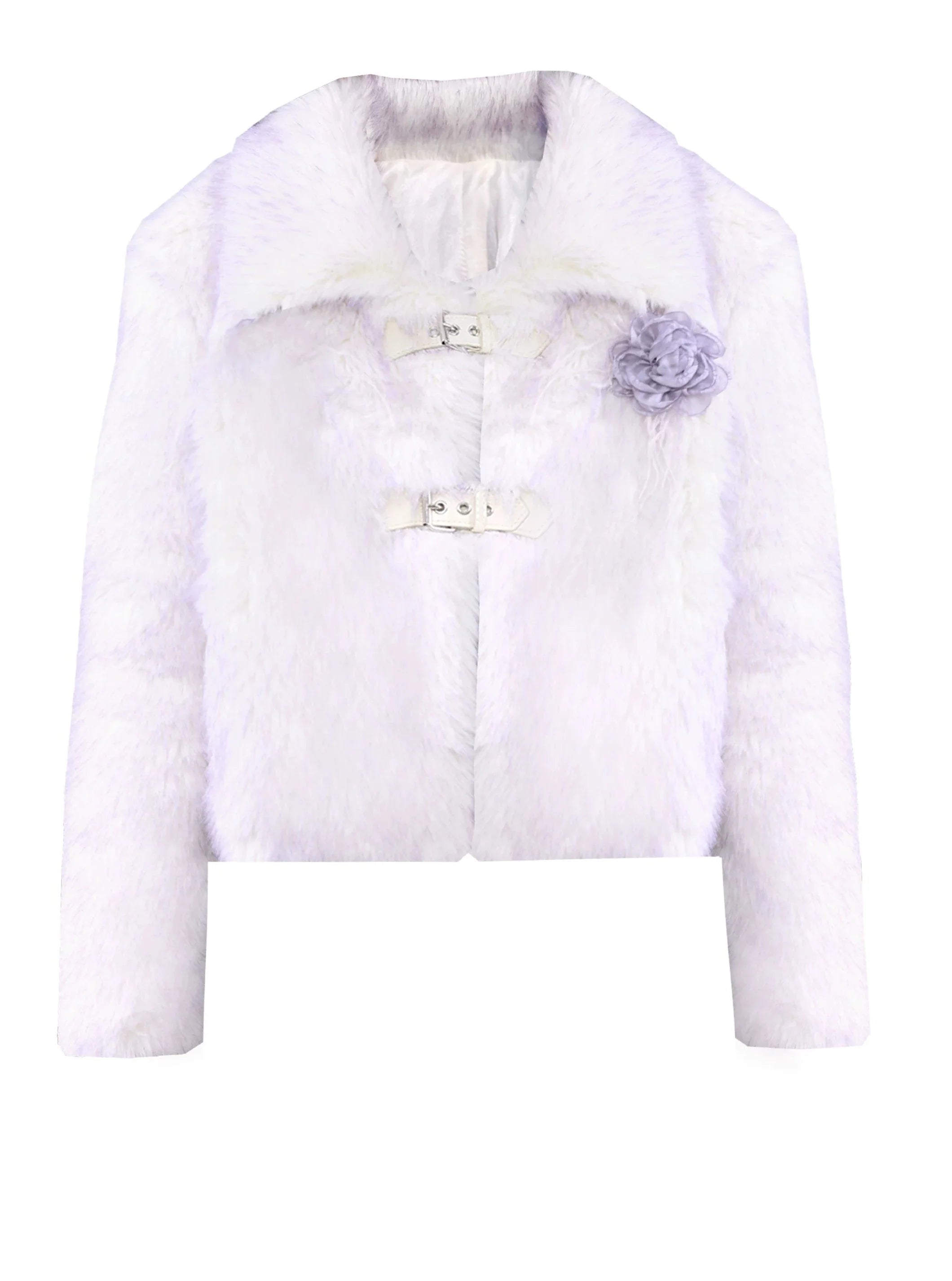 Faux Fur Cropped Jacket with Flower Accent