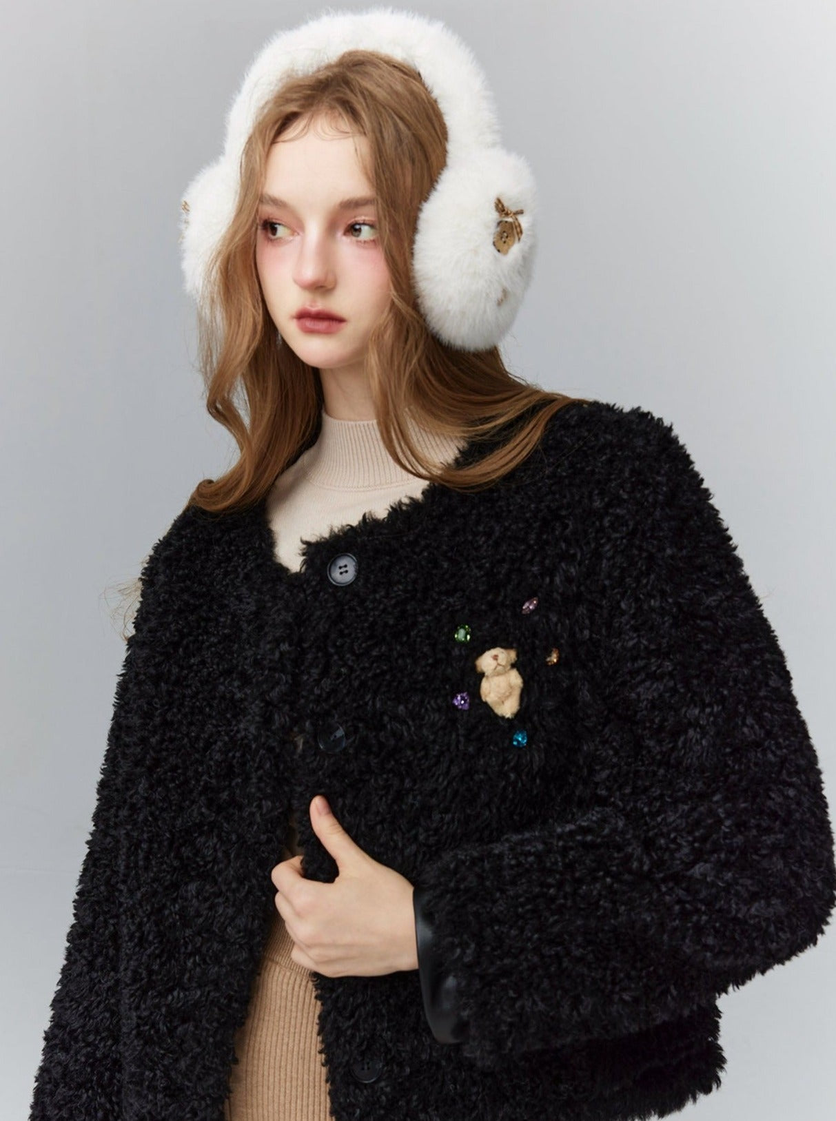 Cozy Teddy Bear Cardigan: Plush Textured Cropped Jacket with Charming Embroidered Details