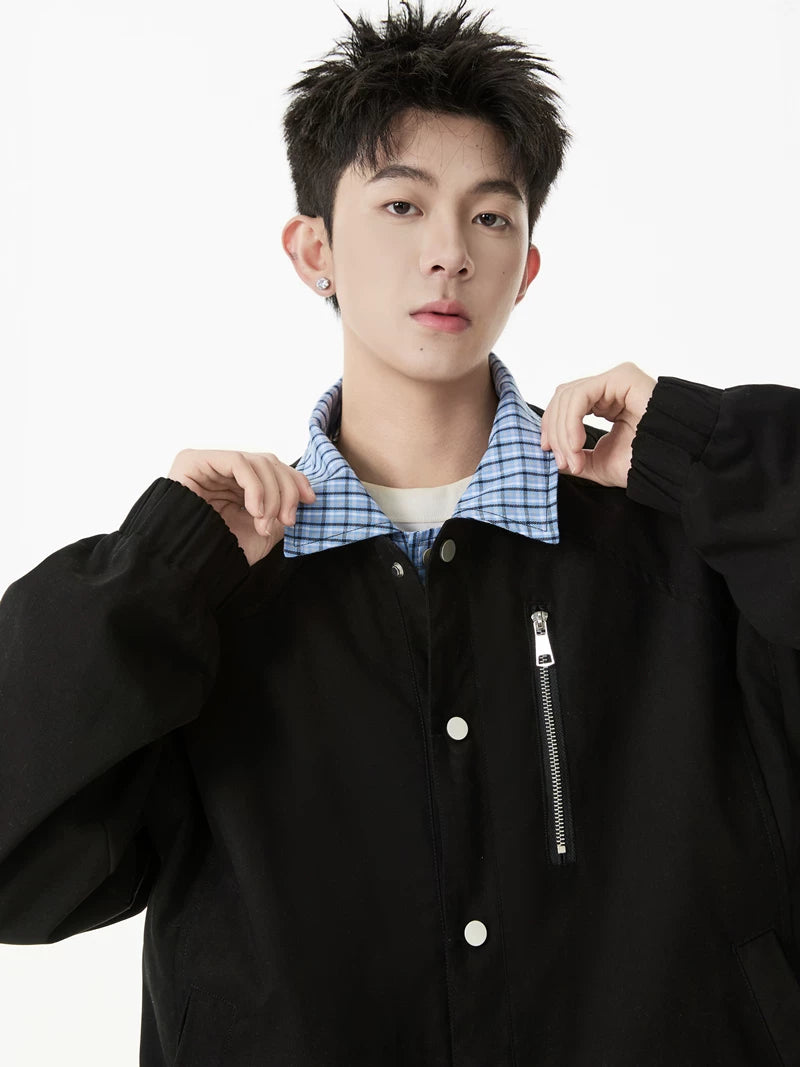 Grid-Collar Layered Coach Jacket