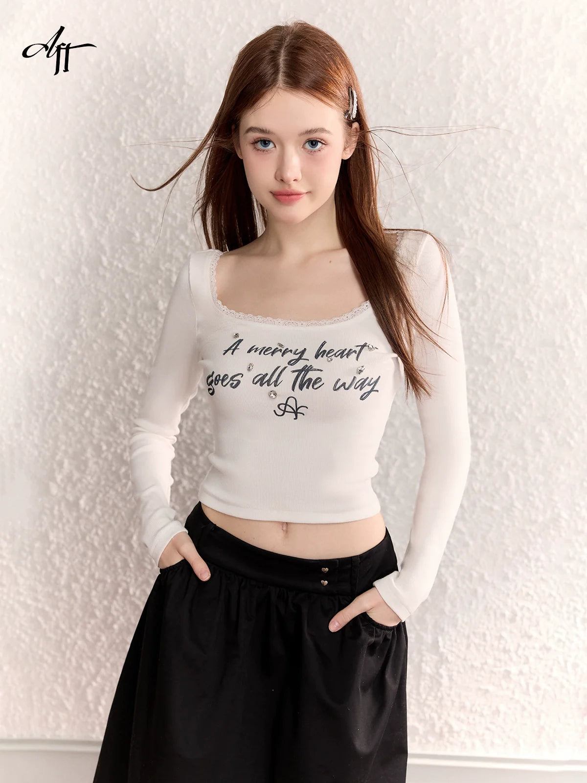 Diamond Letter Lace White Long Sleeve T-Shirt - chiclara