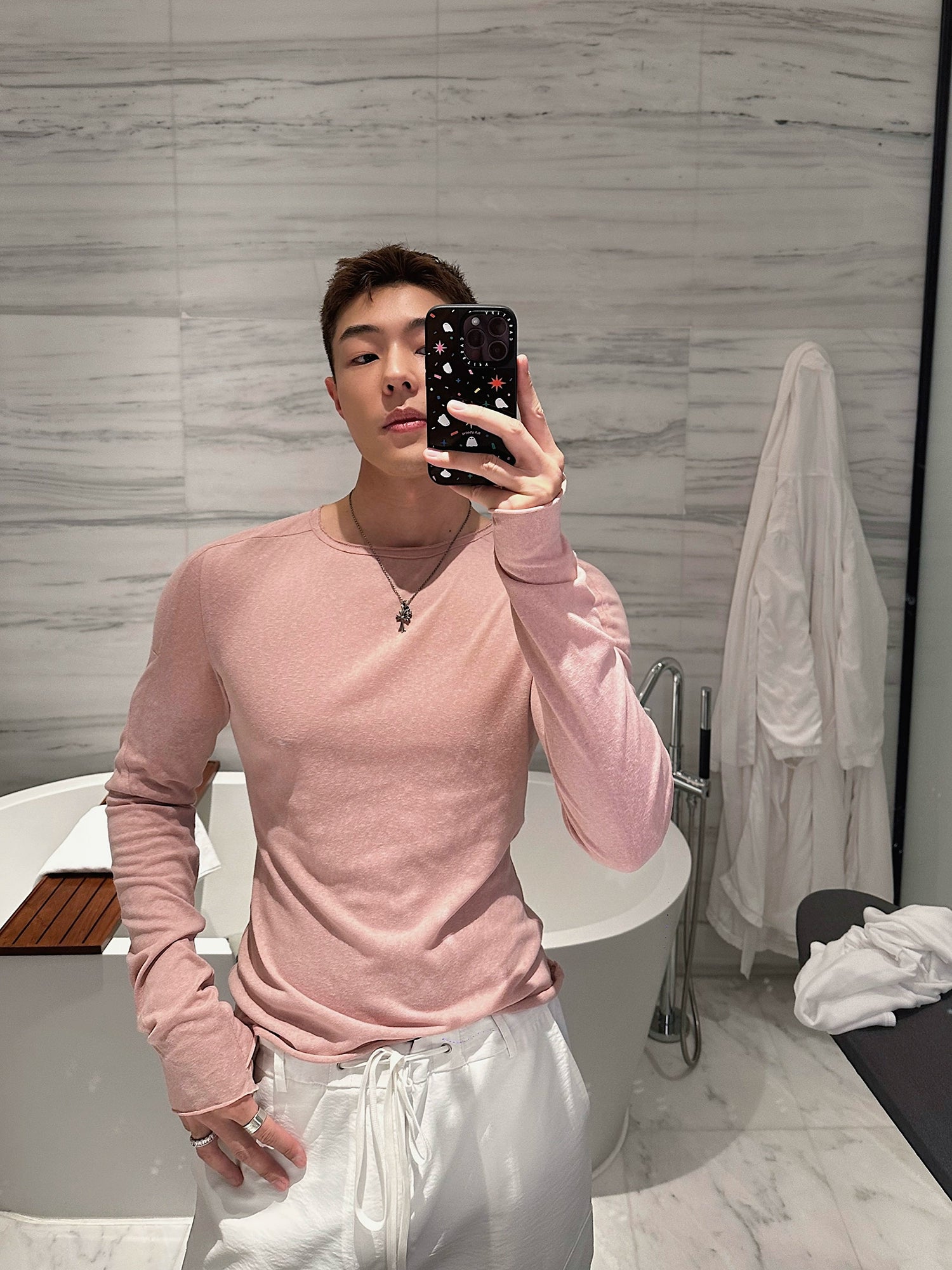 Pink Long Sleeve Cotton Crewneck Shirt