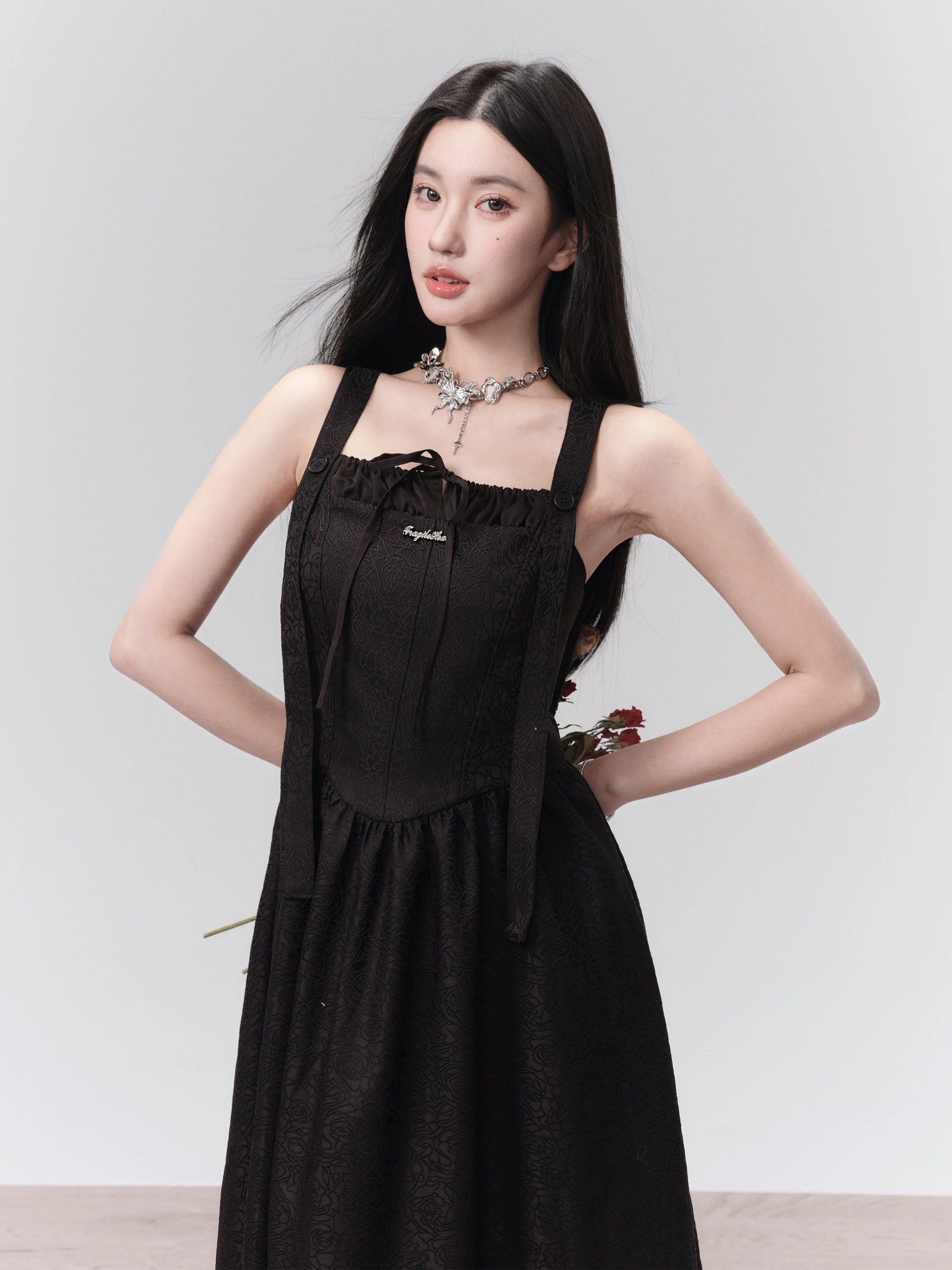 Romantic Contrast: Ruffled White Blouse and Black Midi Sundress Set