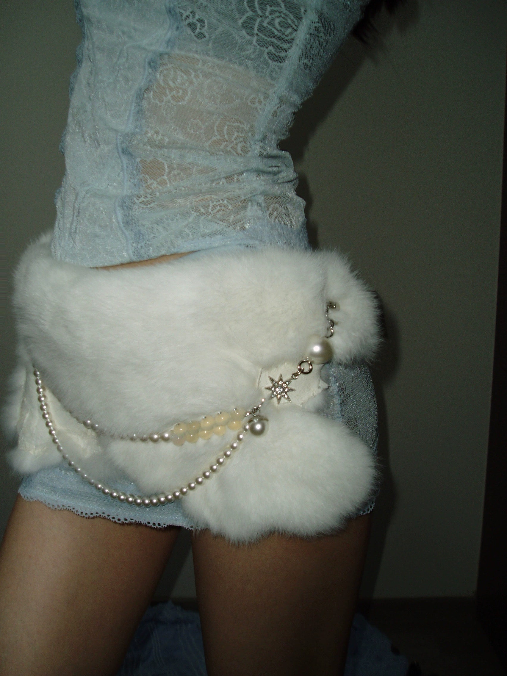 White Rabbit Fur Pearl Chain Belt