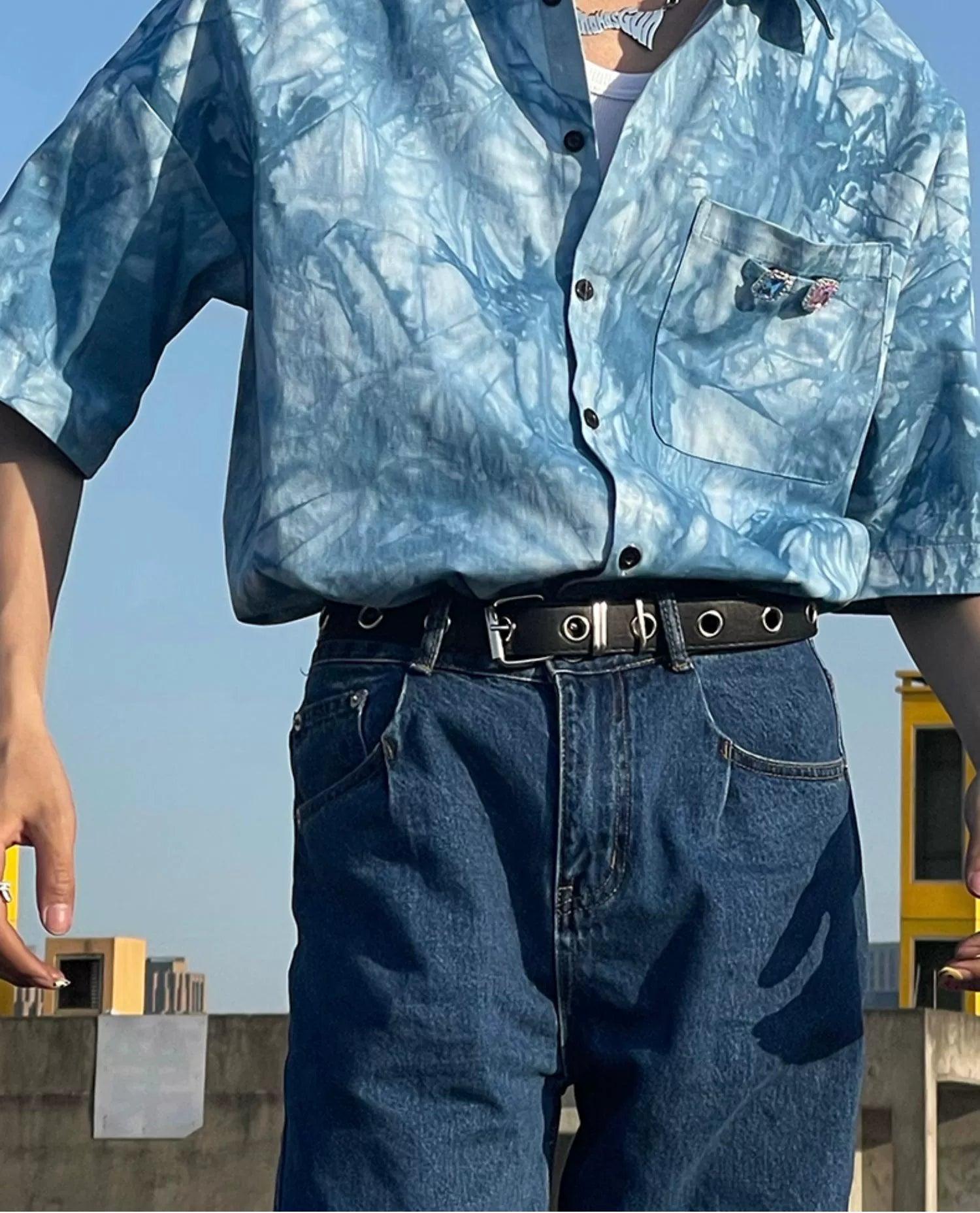 Blue Tie-Dye Short Sleeve Button-Up Shirt