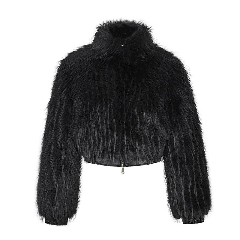 Strike A Pose Cropped Faux Fur Jacket - Women'S Black Shaggy Long-Sleeve Zip-Up Bolero Coat