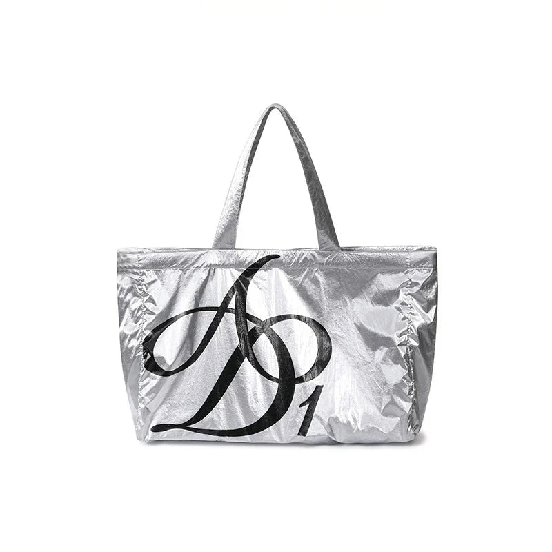 Metallic Silver Oversized Tote Bag: Large Capacity Shopper with Bold Logo Print