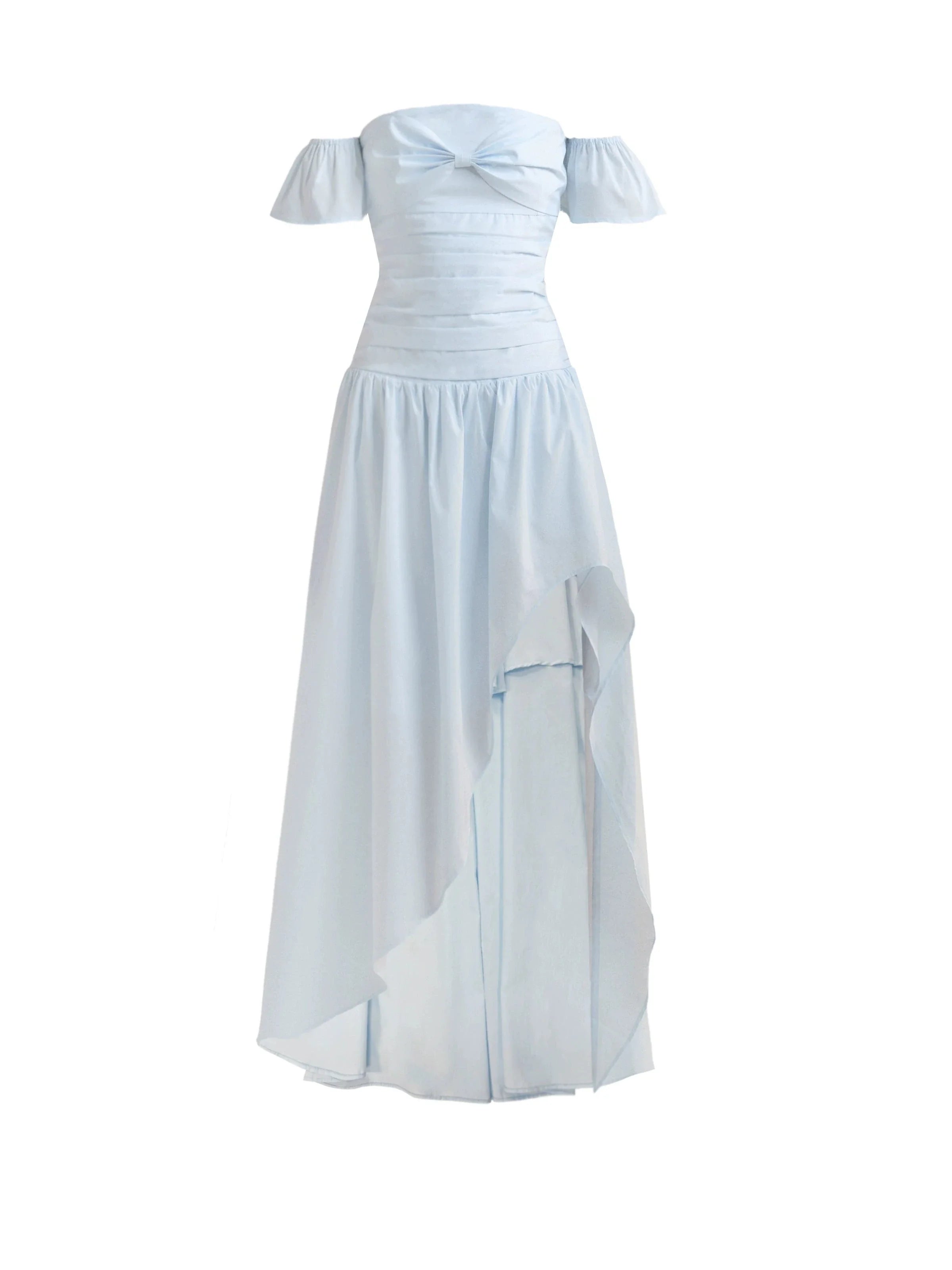 Pale Blue Off-Shoulder Ruched Maxi Dress with Asymmetrical Hem