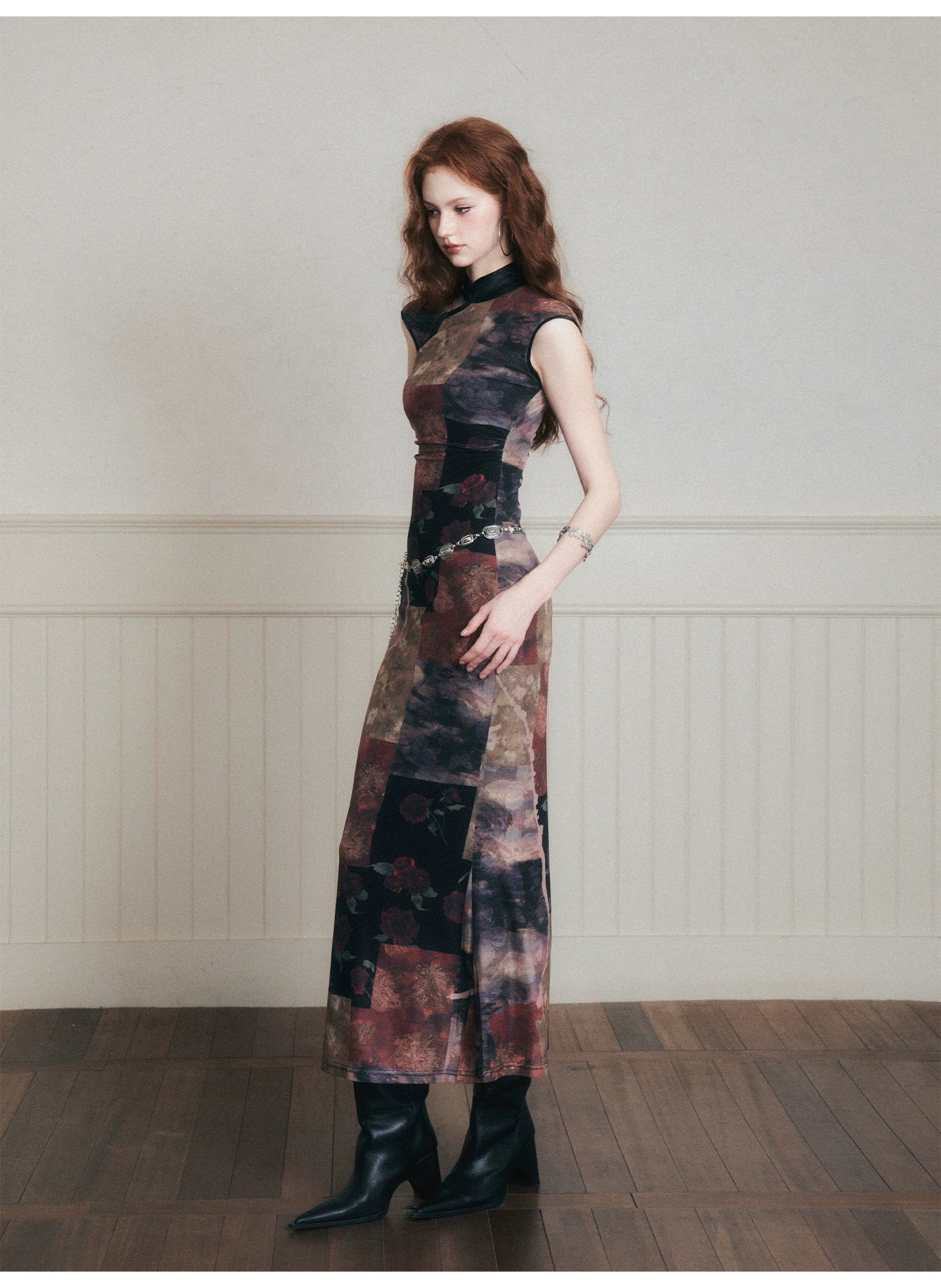 Vintage Noir Patchwork Cheongsam Maxi Dress