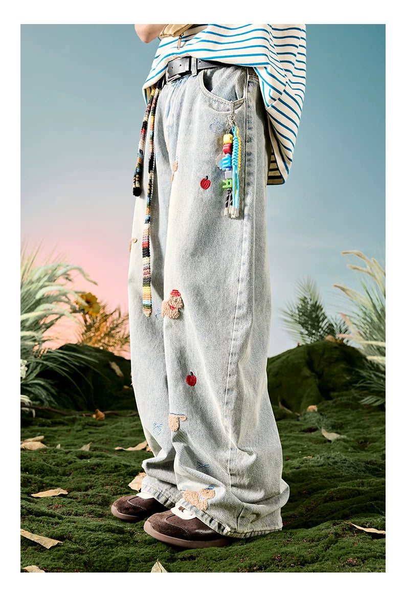 Embroidered Dog Patch Baggy Jeans
