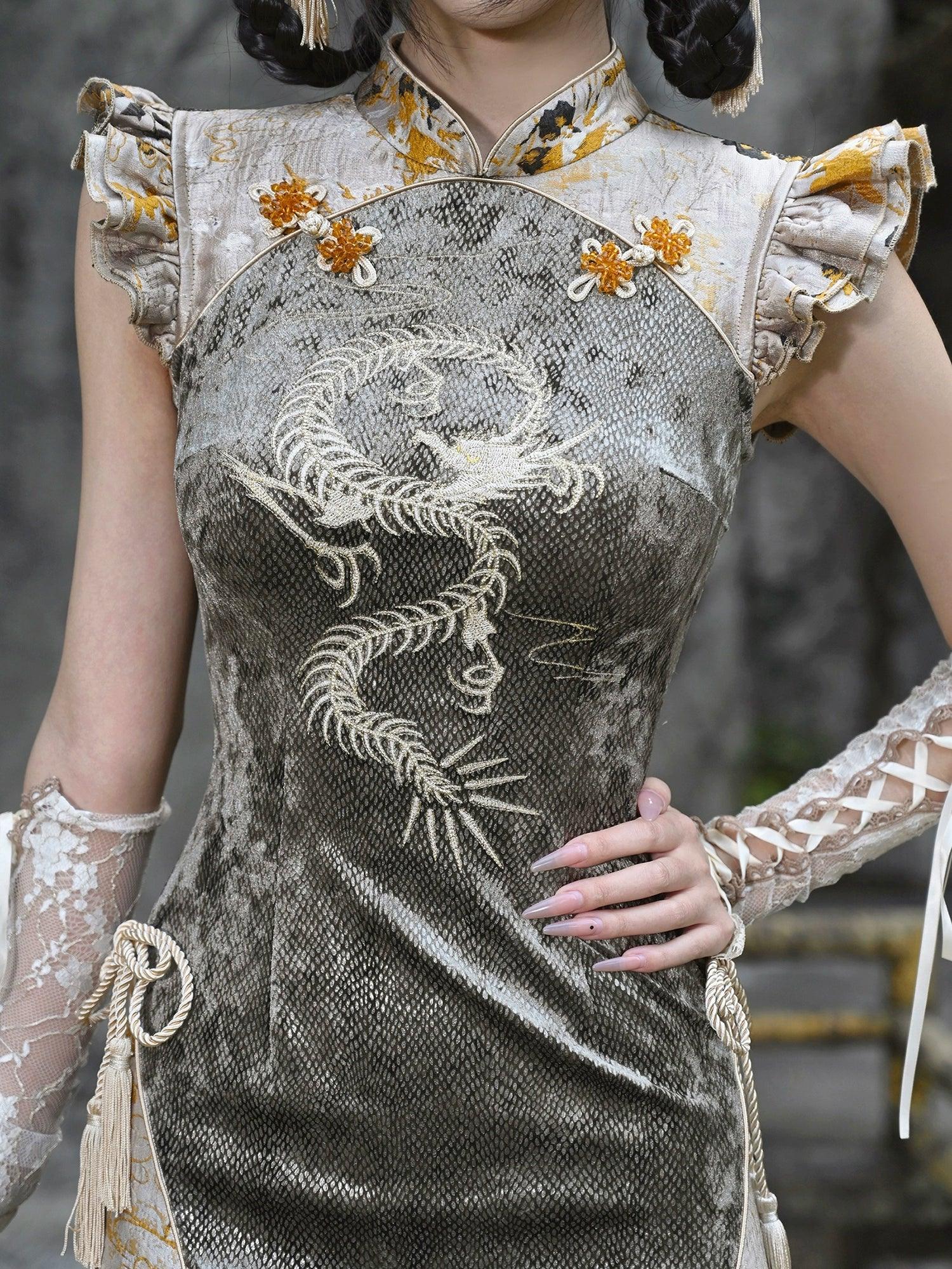 Dragon Embroidered Qipao With Floral Accents