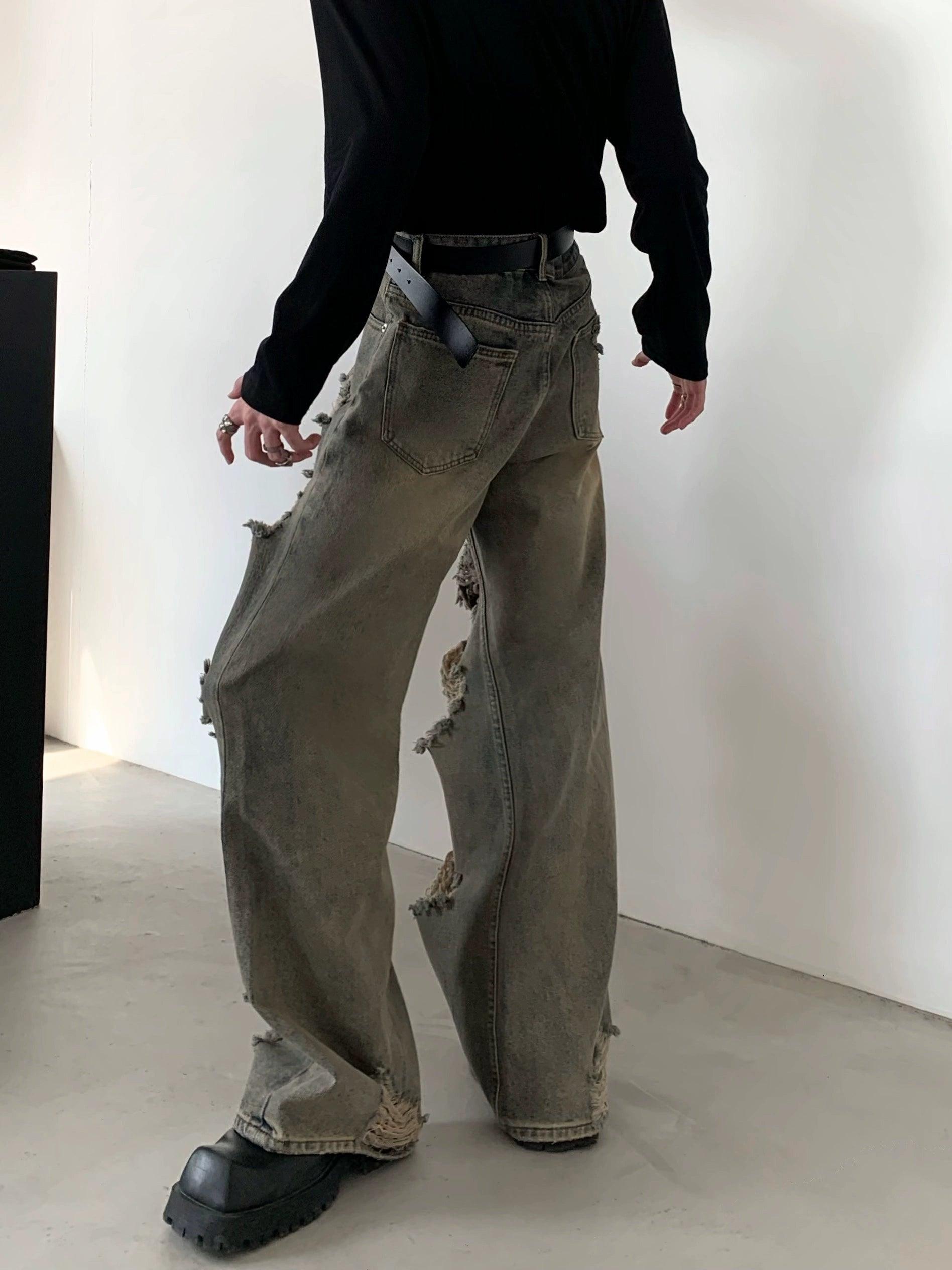 Heavily Distressed Wide-Leg Cargo Pants