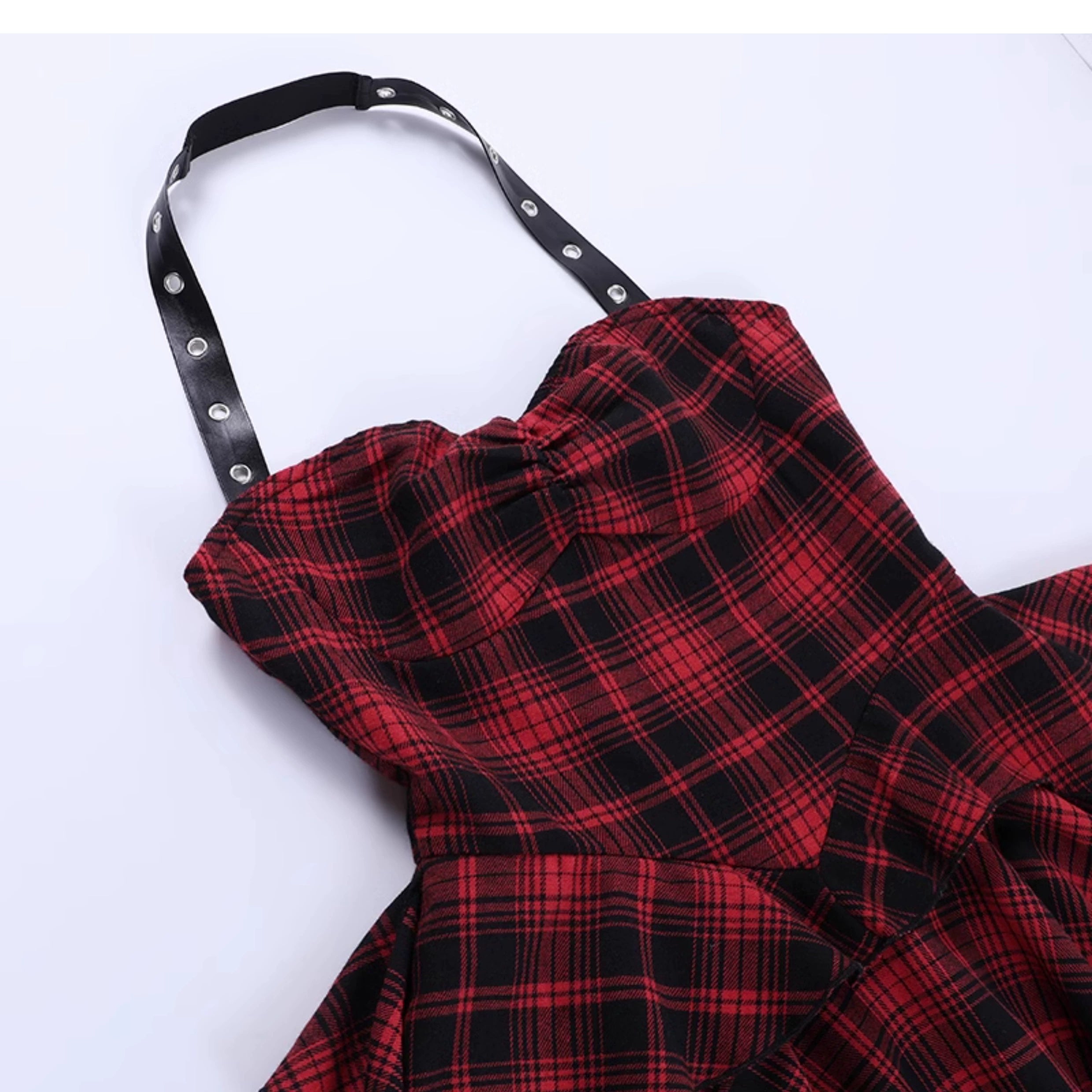 Wannathis Punk Tartan Mini Dress - Red Plaid Ruffle Tiered Goth Dress With Studded Harness