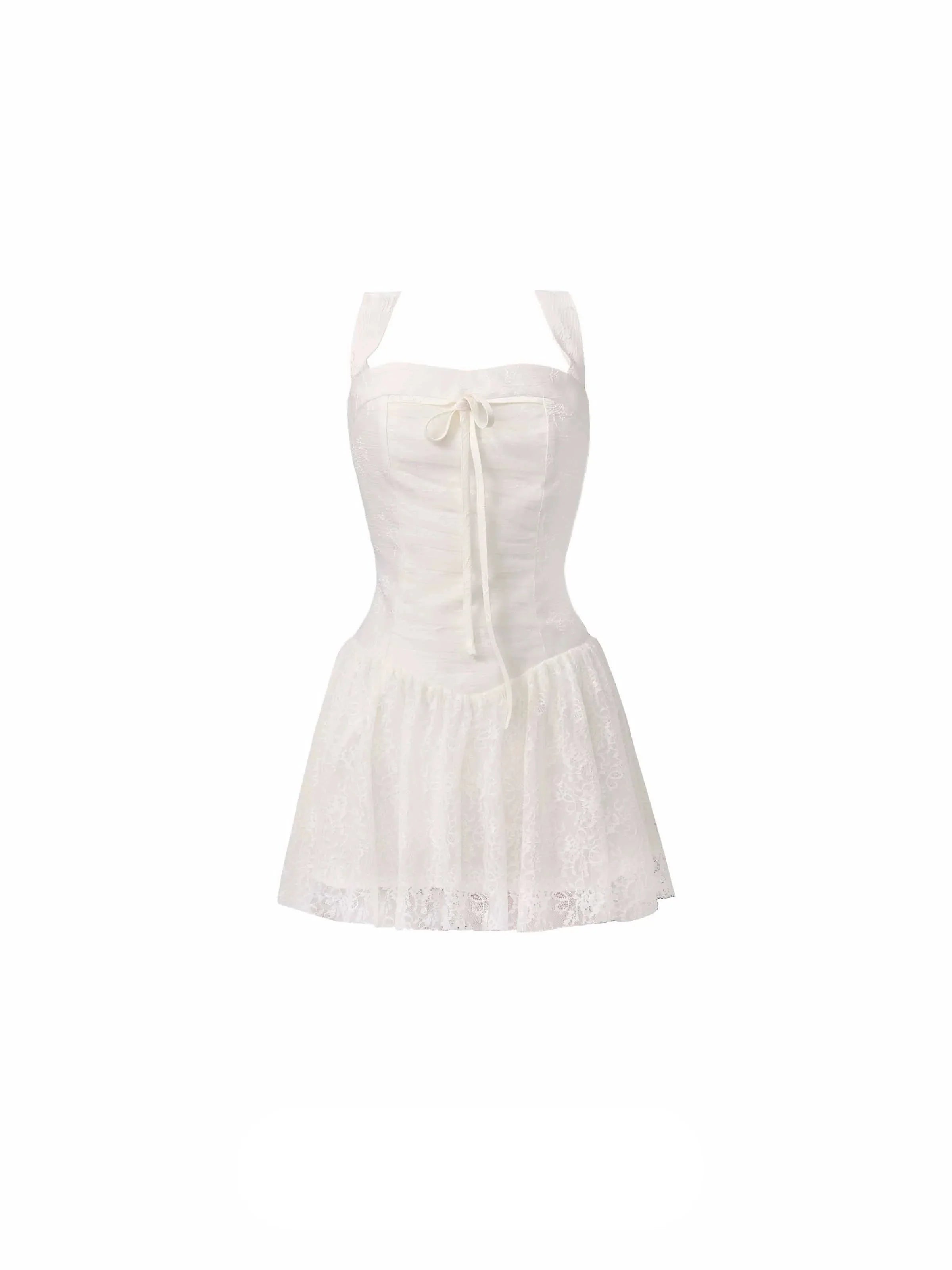 Romantic White Lace Halter Mini Dress with Front Tie