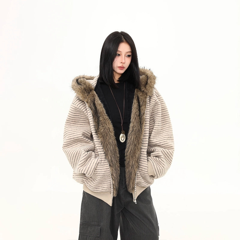 Frost Ridge Striped Faux Fur Hoodie Jacket