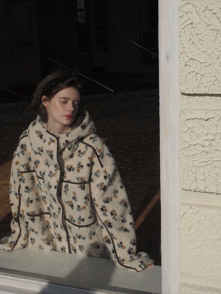 Floral Print Sherpa Jacket with Hood and Contrast Piping