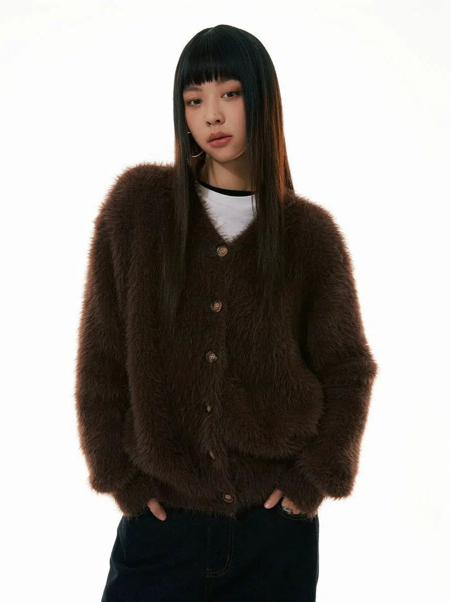 Faux Fur Button-Up Sweater - chiclara