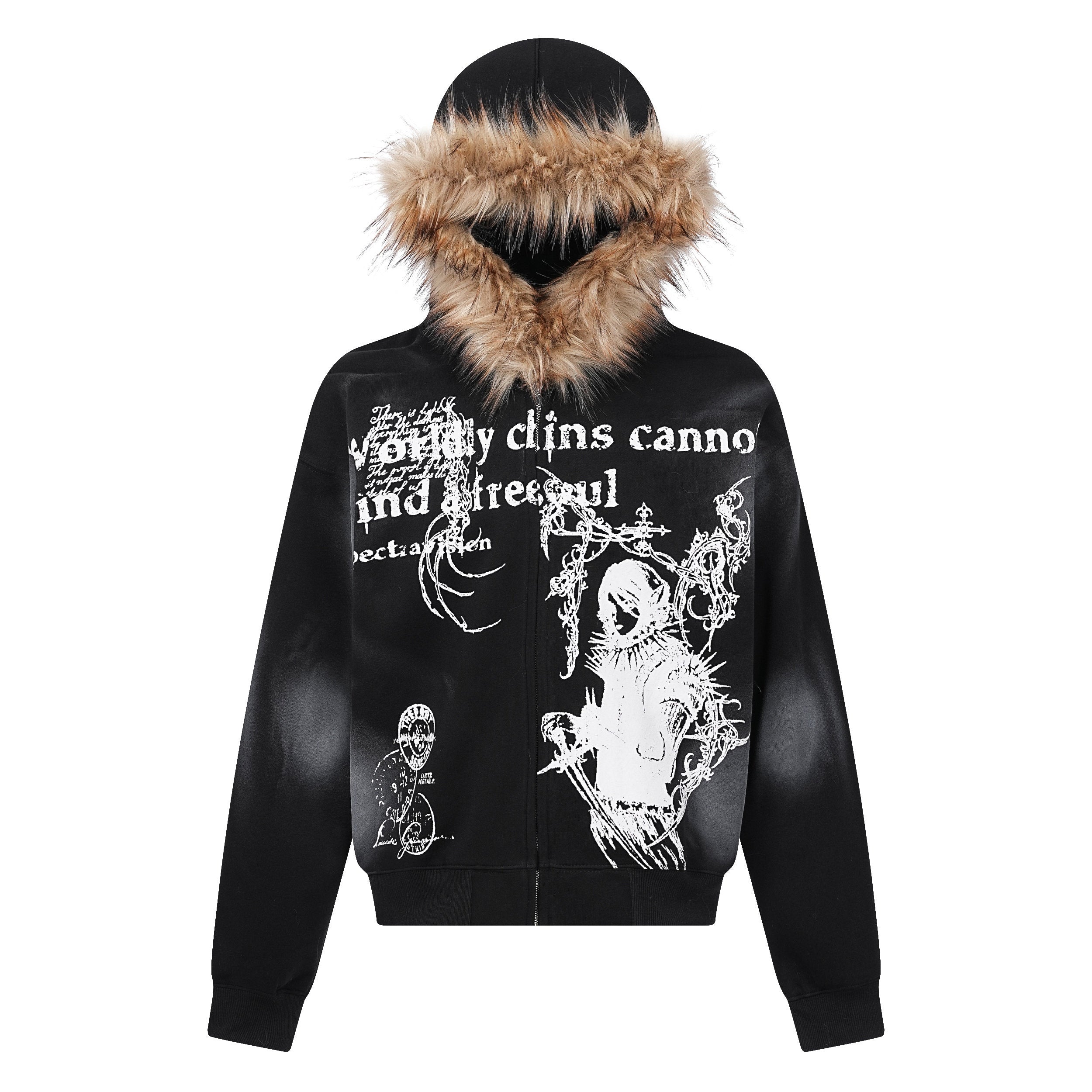 Men's Faux-Fur Collar Graphic-Print Oversized Zip-Up Hoodie