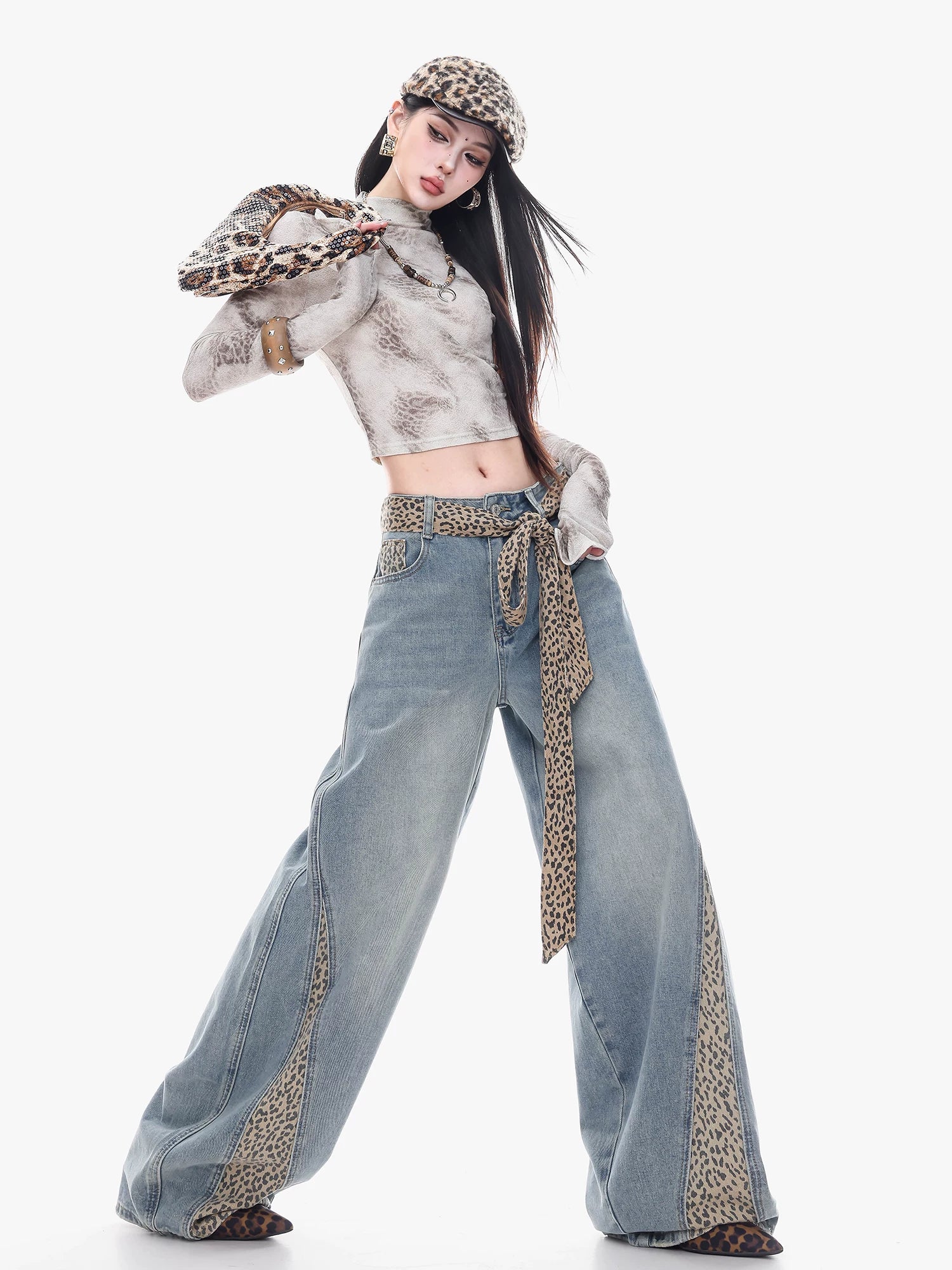 Leopard Sash Curve-Leg Wide Jeans