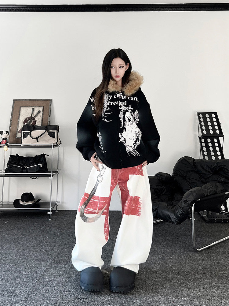 Men's Faux-Fur Collar Graphic-Print Oversized Zip-Up Hoodie