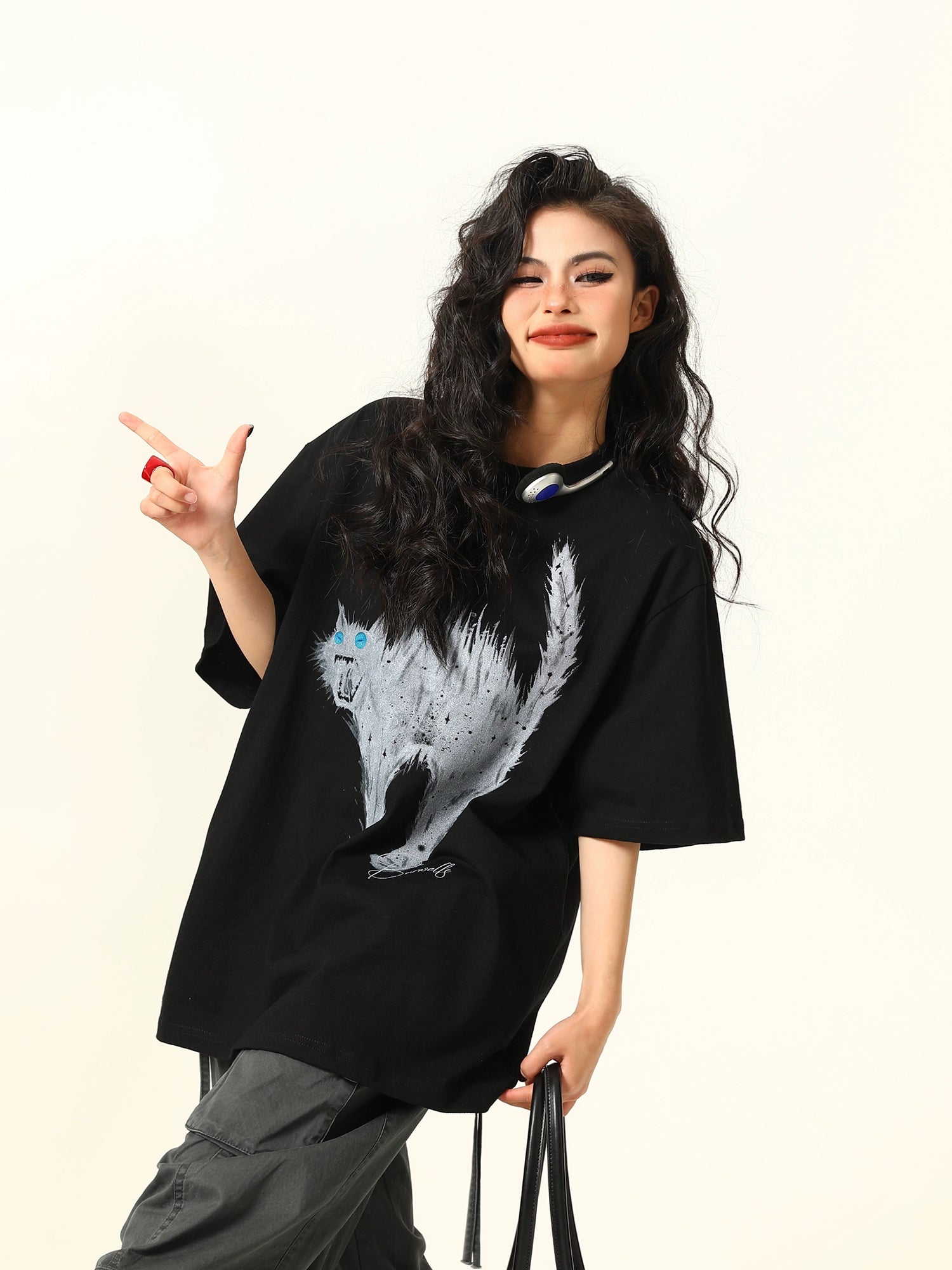 Oversized Tee with Cat Graphic