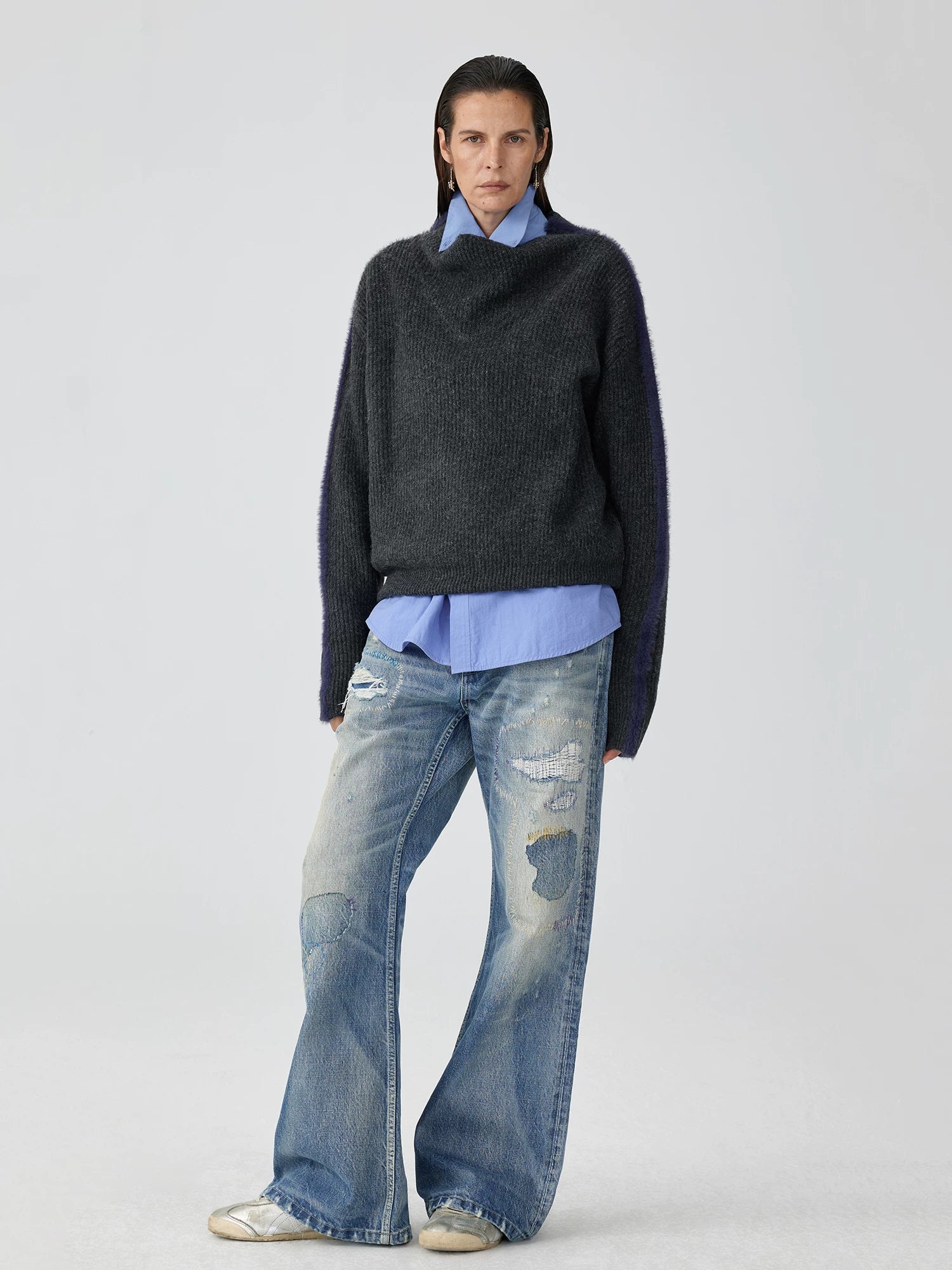 Distressed Patchwork Flared Jeans