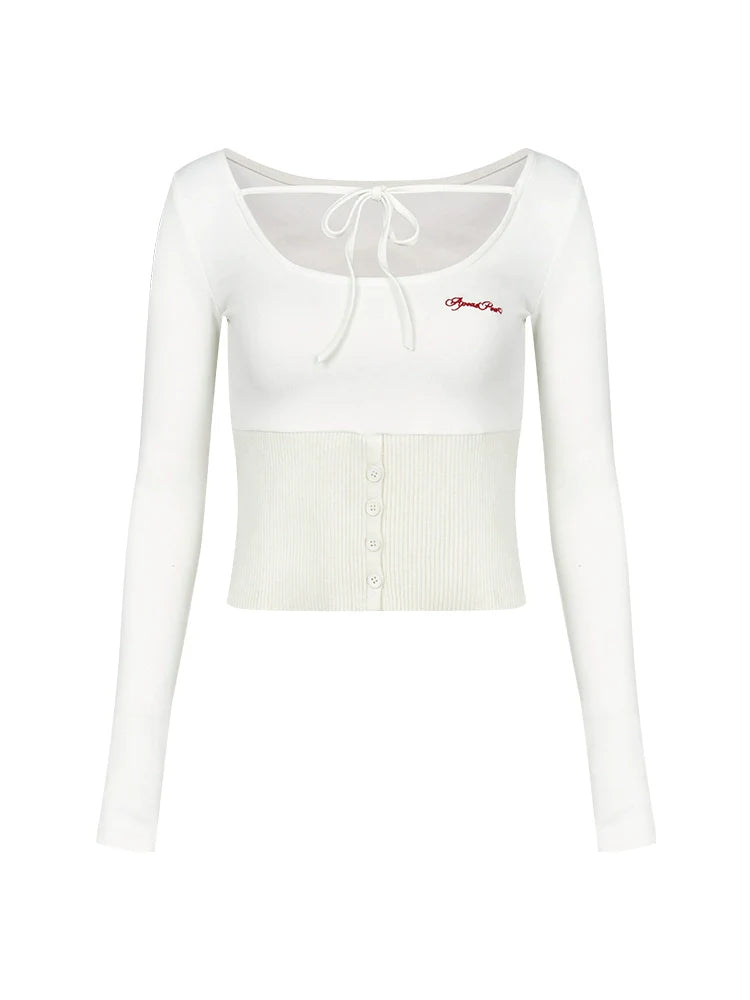 White Tie-Front Corset-Style Long Sleeve Crop Top