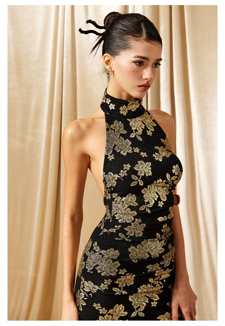 Modern Cheongsam With Gold Print Halter Evening Dress - chiclara