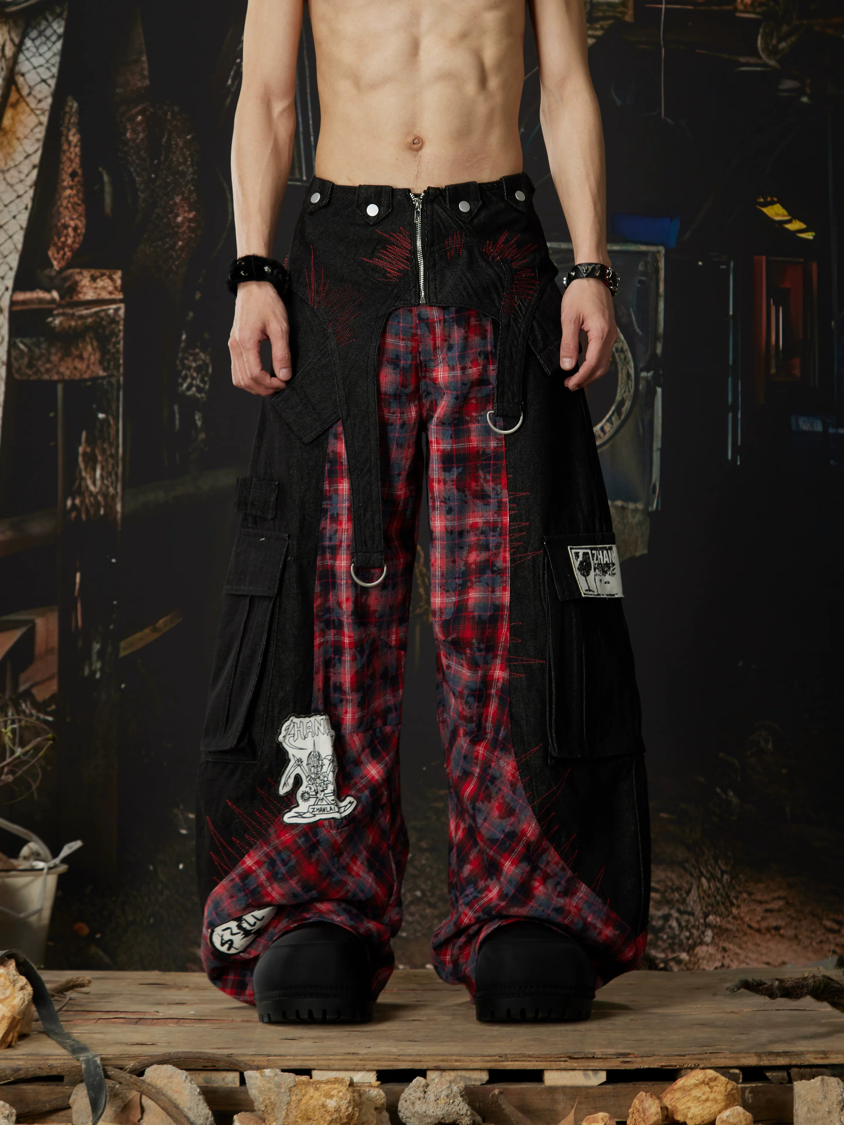 Riot Plaid Layered Trench Cargo Pants