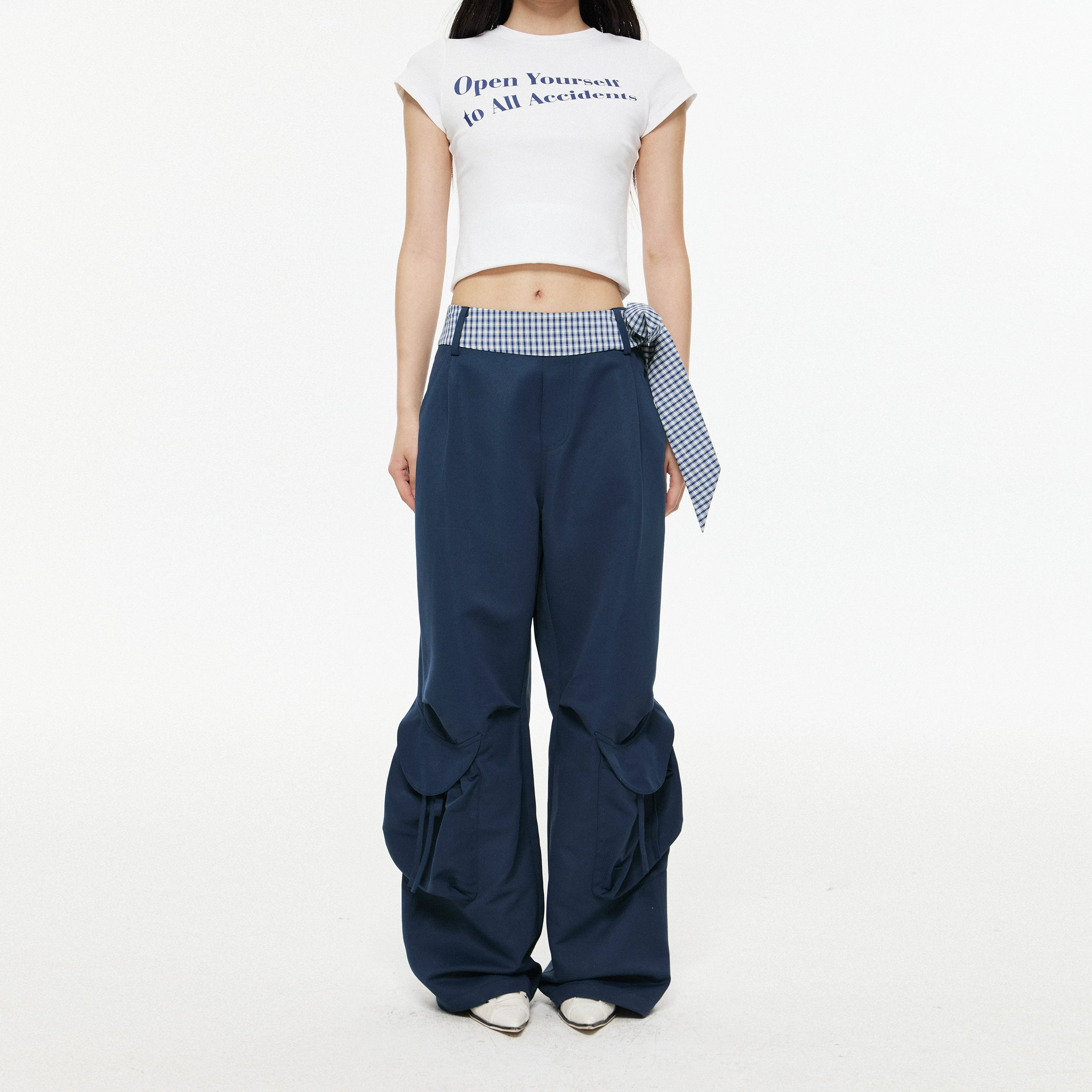 Wide-Leg Dark Cargo Pants with Striped Sash Belt
