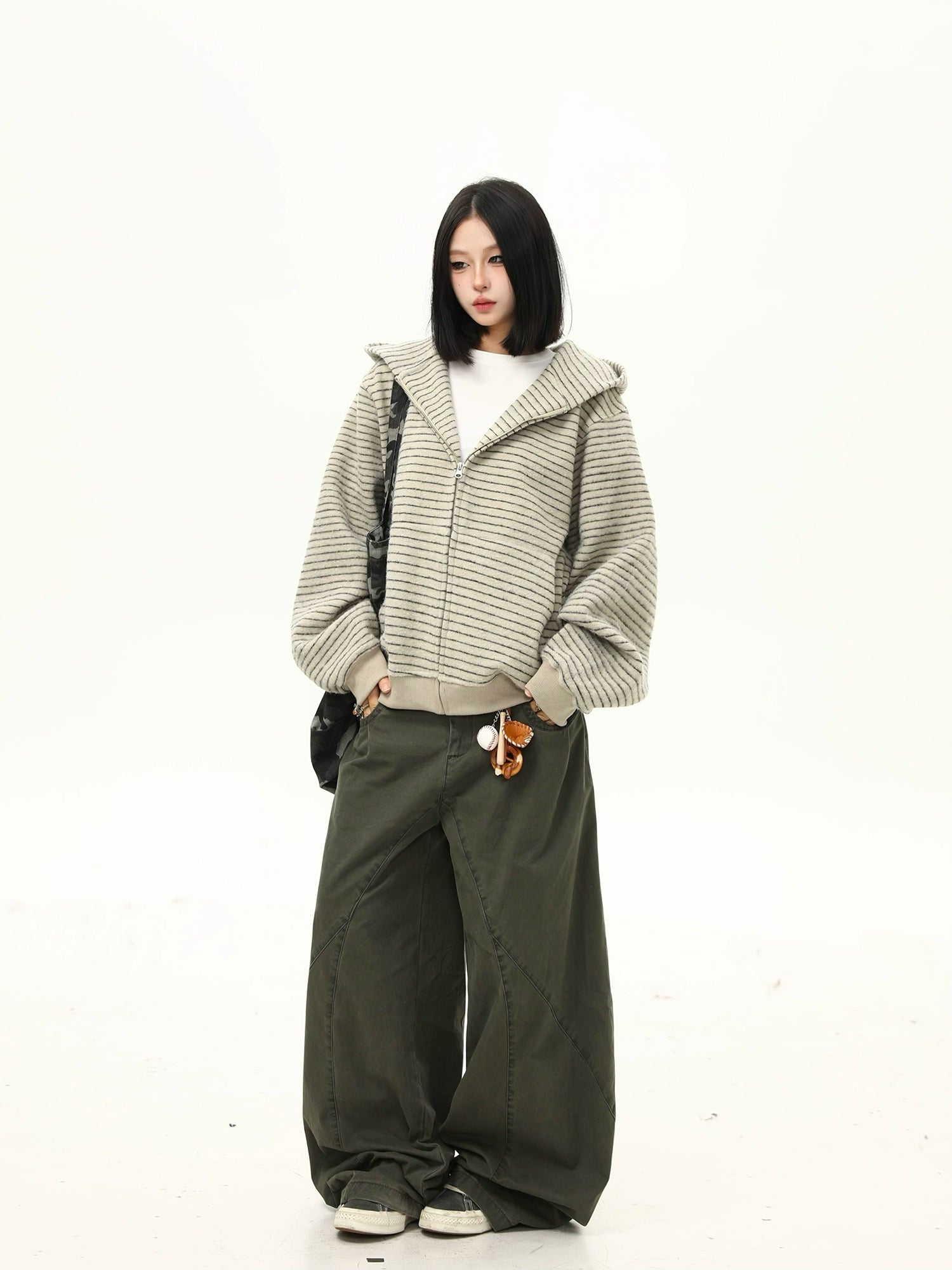 Oversized Striped Fleece Zip-Up Hoodie