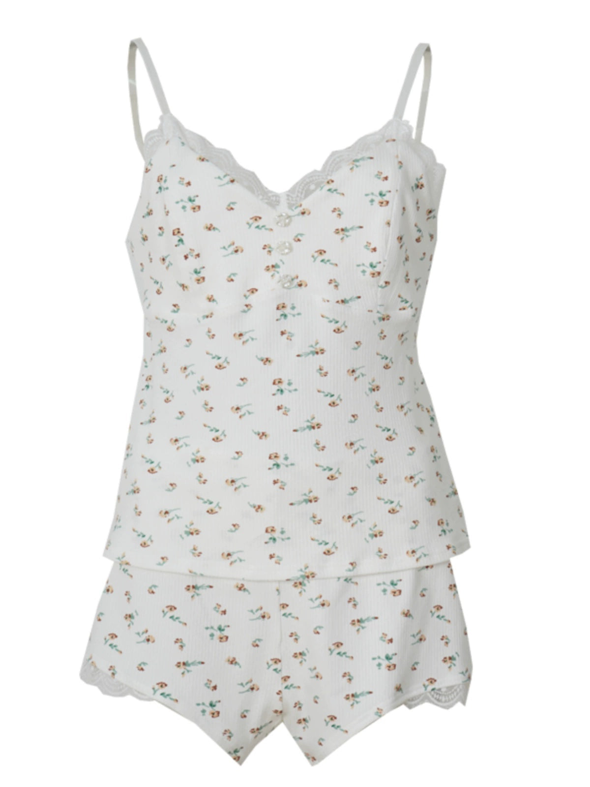 White Floral Print Lace Trim Cami & Shorts Pajama Set