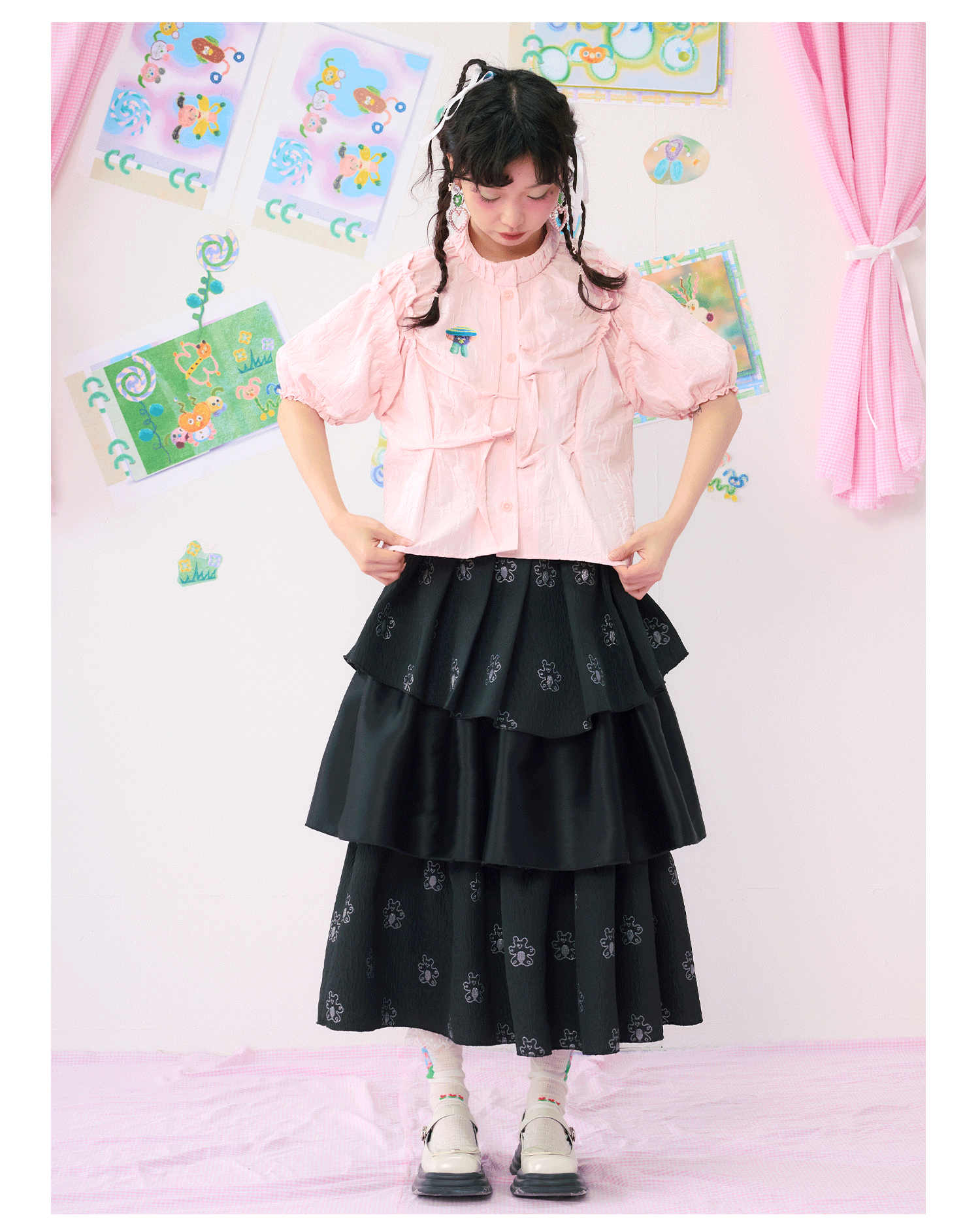 Black Tiered Ruffle Midi Skirt