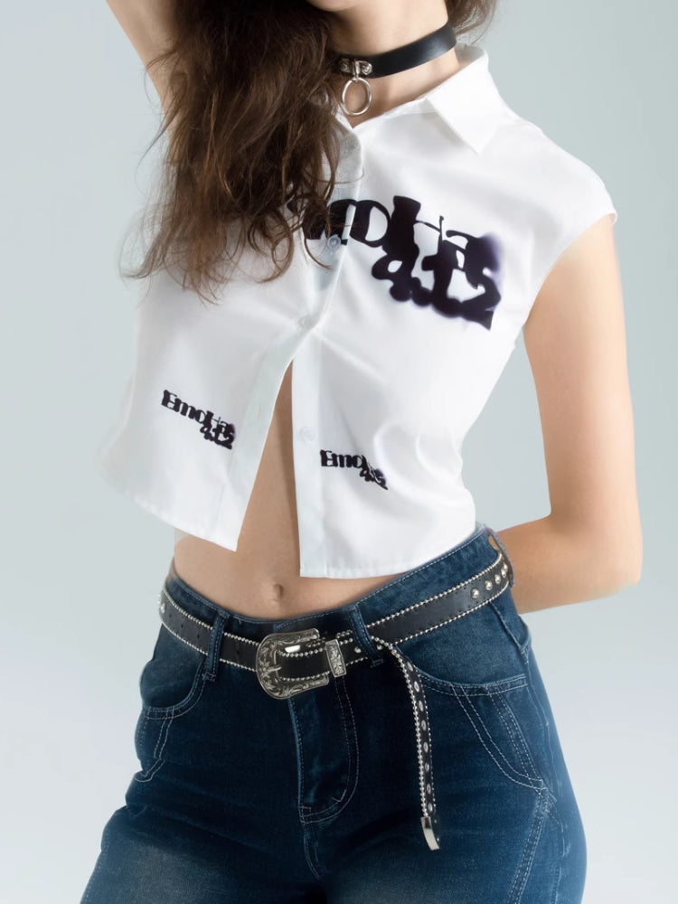 Punk-Inspired Cropped Button-Up Sleeveless Shirt