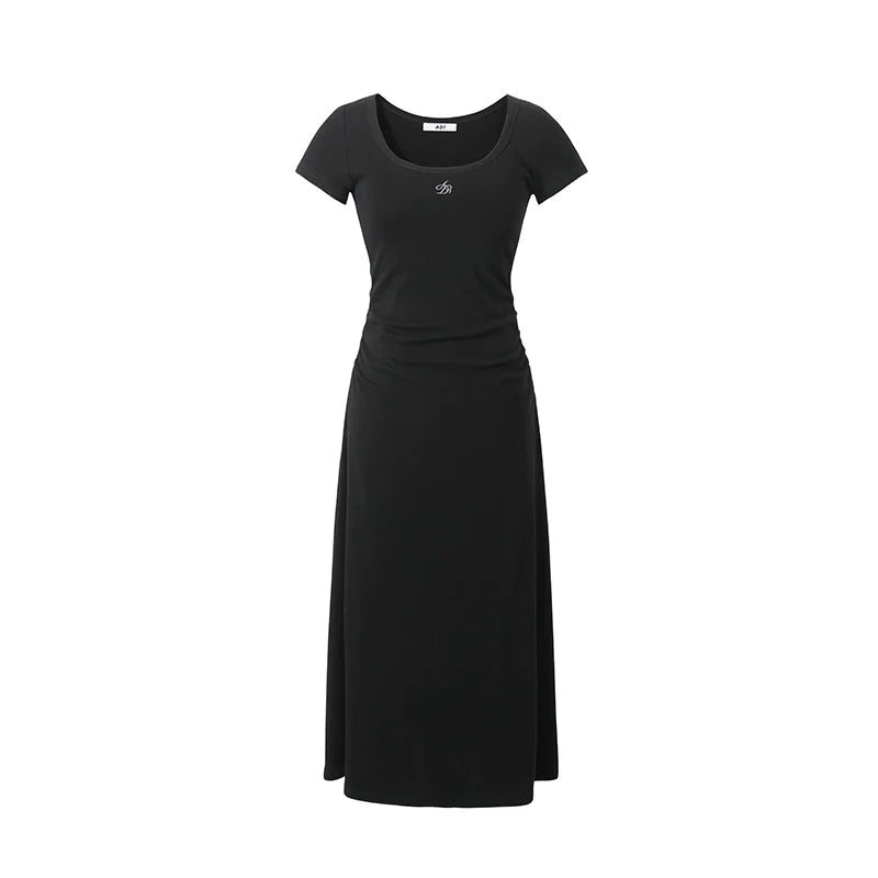 Scoop Neck Maxi T-Shirt Dress - Casual Side Ruched Jersey Knit Gown