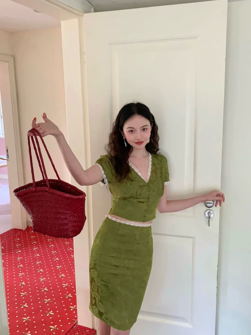 French Vintage Lace Trim Blouse and Midi Skirt Setup