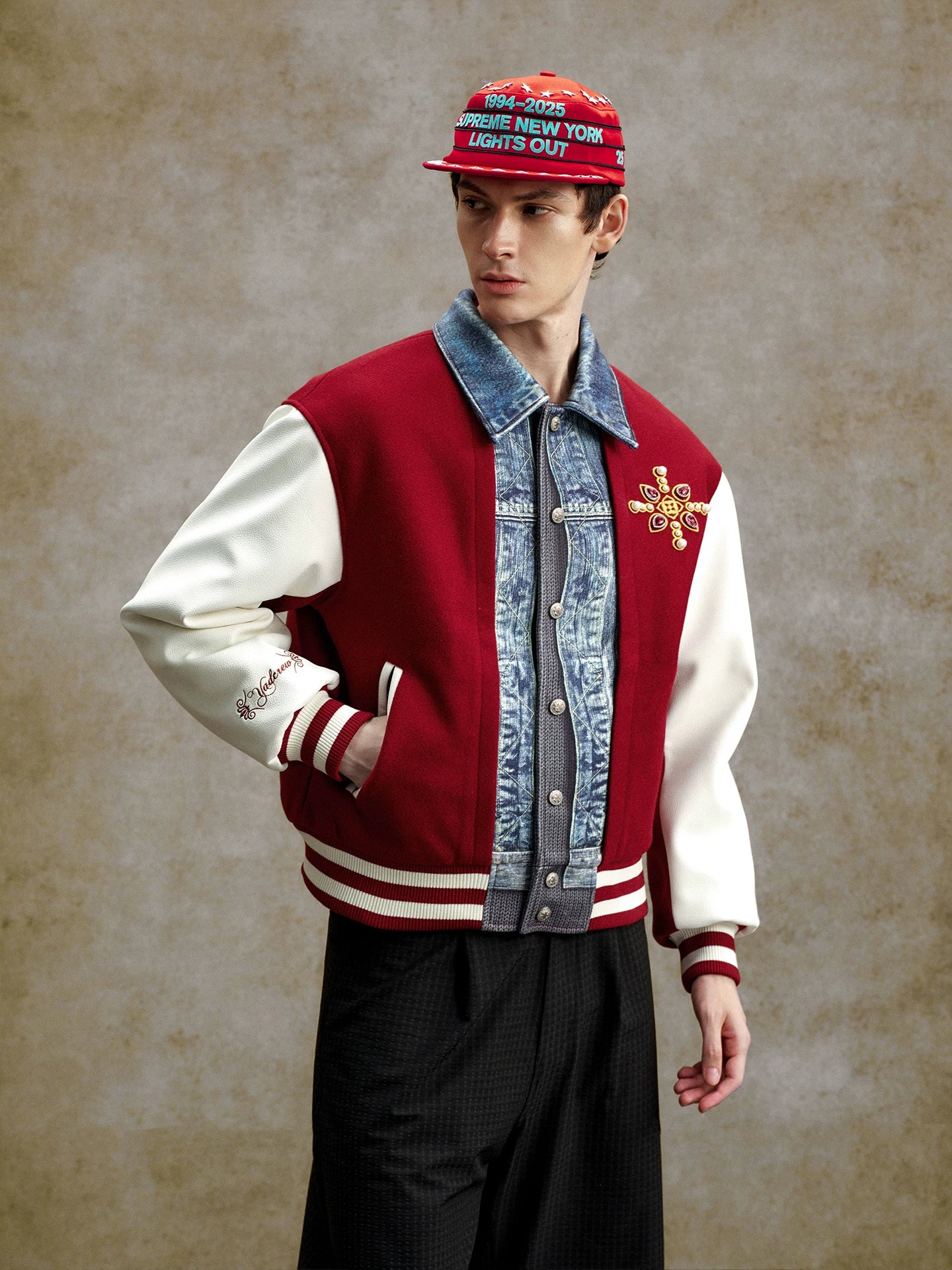 Denim Panel Embroidered Varsity Bomber Jacket