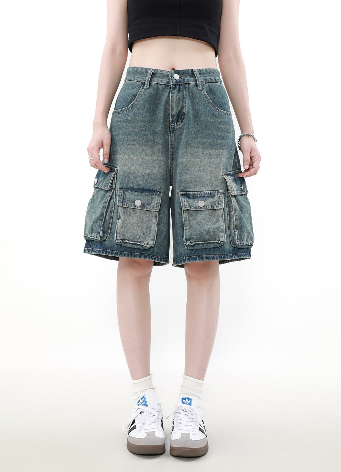 Denim Cargo Shorts with Multiple Utility Pockets