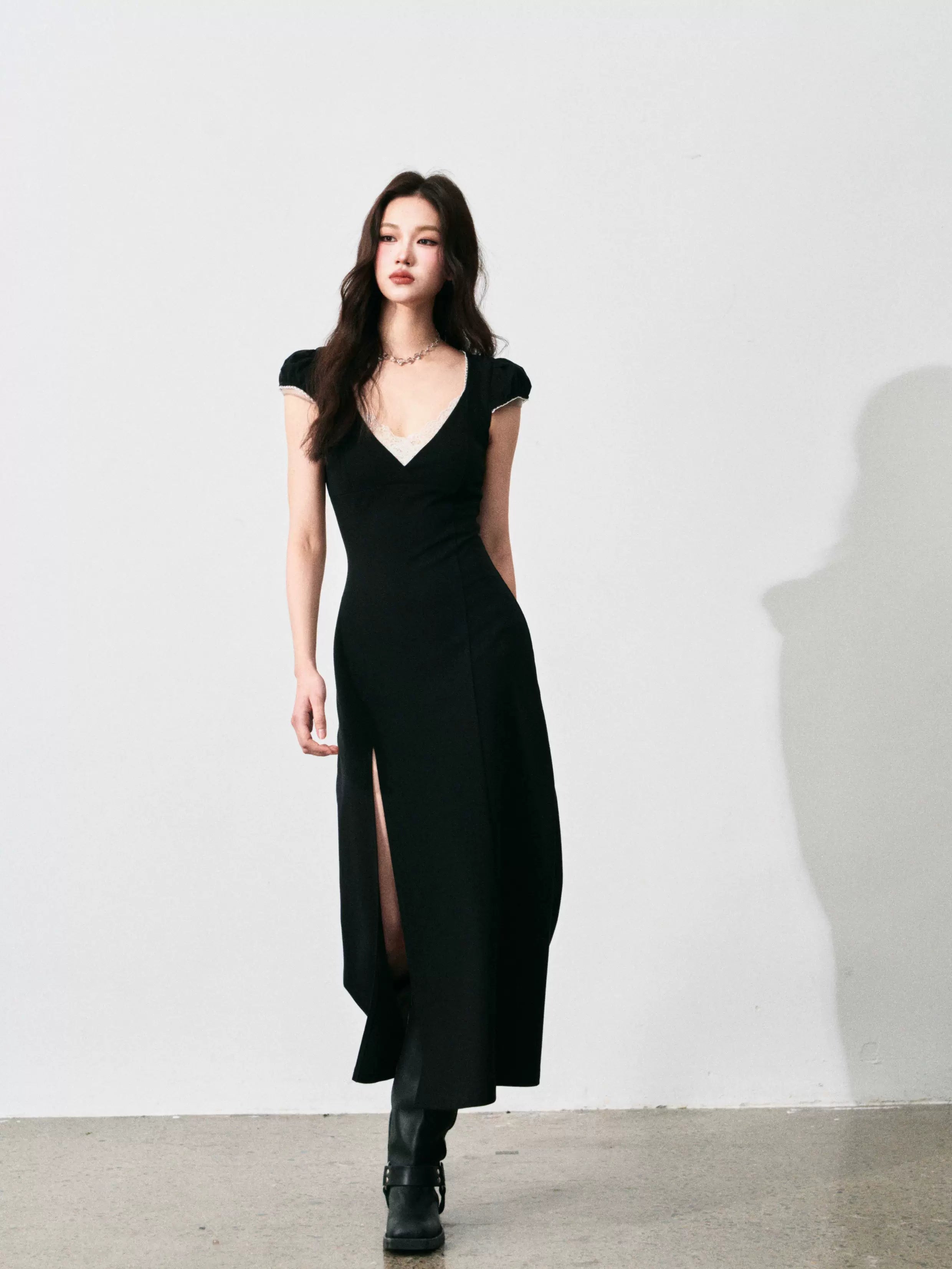 Noir Muse Lace‑Slit Dress