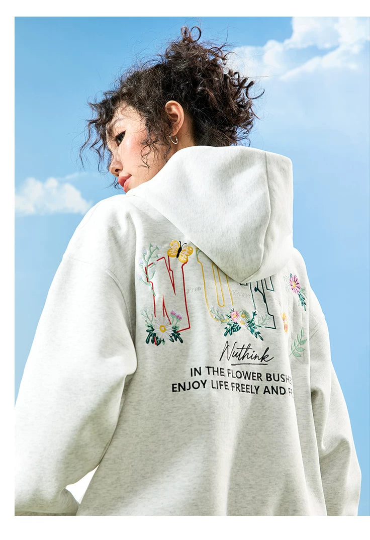 Floral Graphic Embroidered Zip-Up Hoodie
