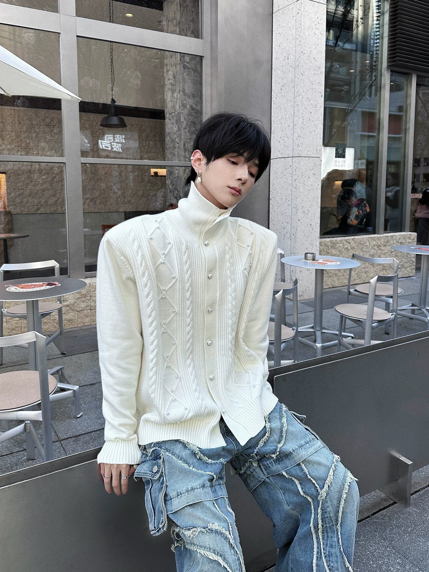 Lattice Snap-Spire Turtleneck Cardigan