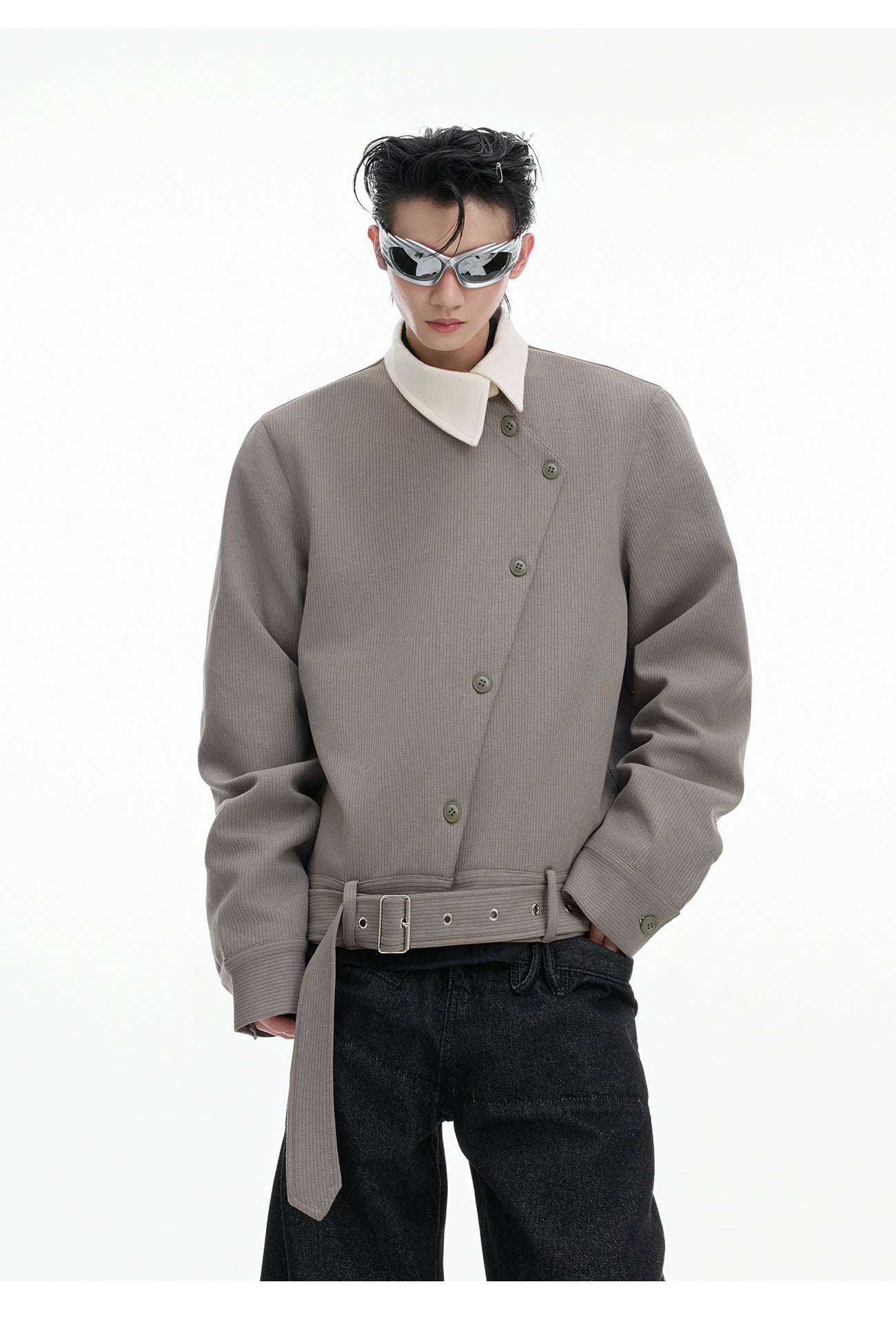 Asymmetrical Buttoned Jacket with Wide Collar and Belt