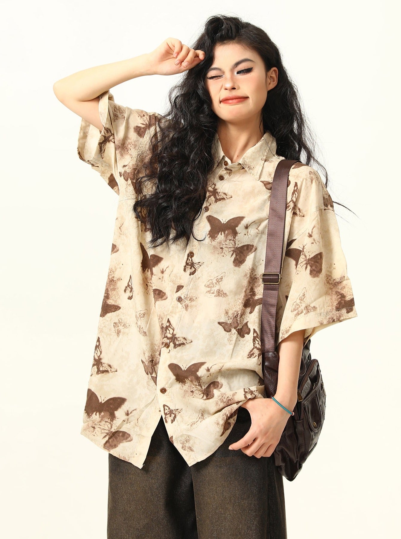 Butterfly Print Pattern Oversized Button-Down Shirt