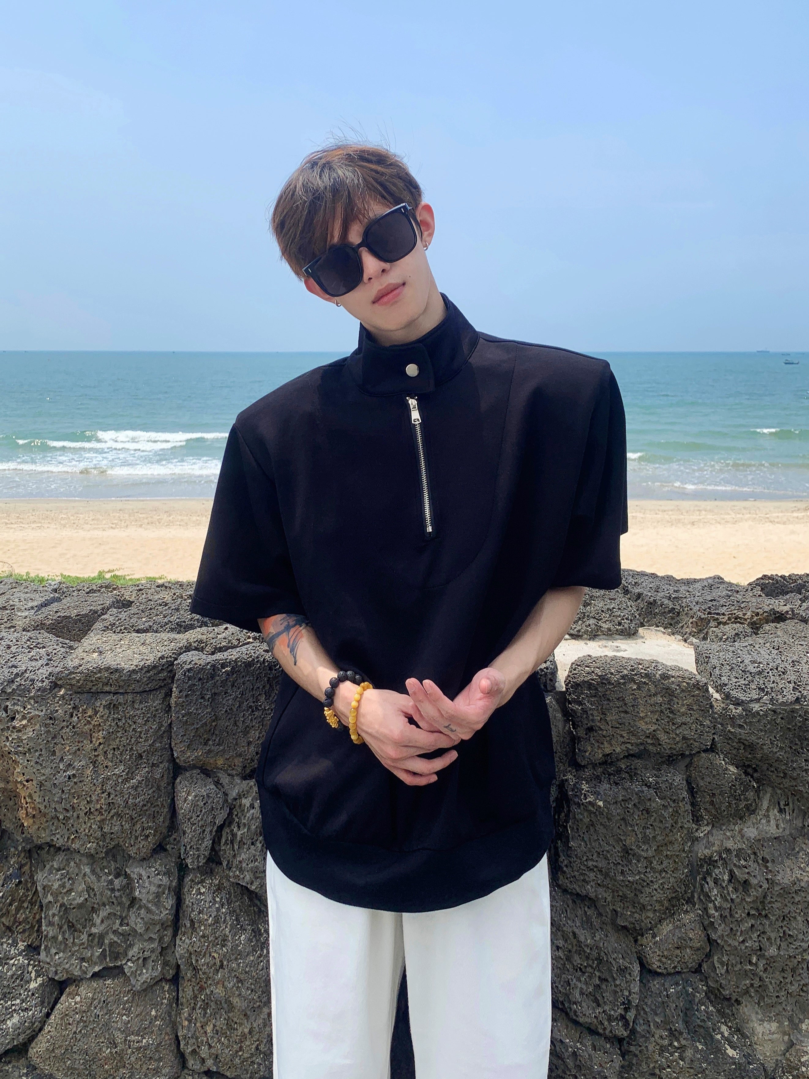 Gray Half-Zip Stand Collar Shirt