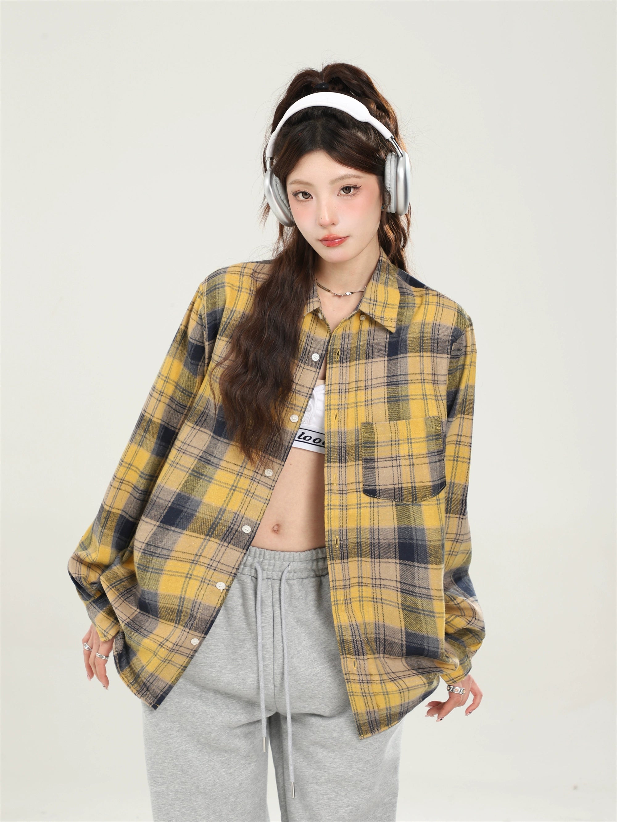 Vintage Loose Blue Plaid Shirt