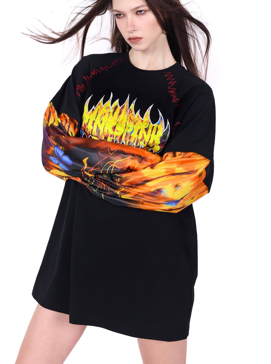 PINKSPINK Flames Metal Logo Long Sleeve Tee - Black and Flame Print